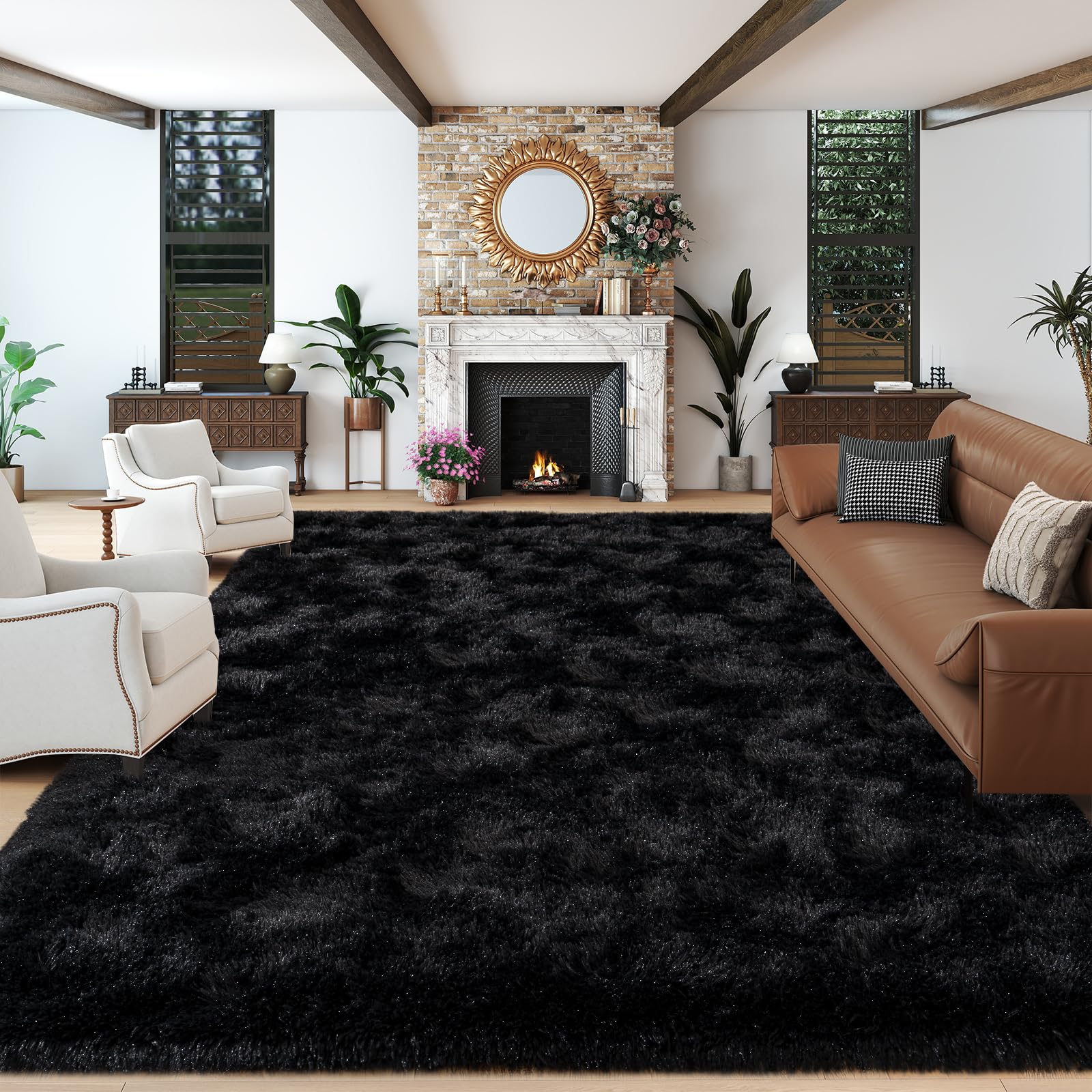 Dssimo Super Fluffy Black 9x12 Area Rugs for Living Room, Modern Large Shag Rug for Bedroom, Non-Slip Plush Shaggy Thick Black Carpet for Nursery Kids