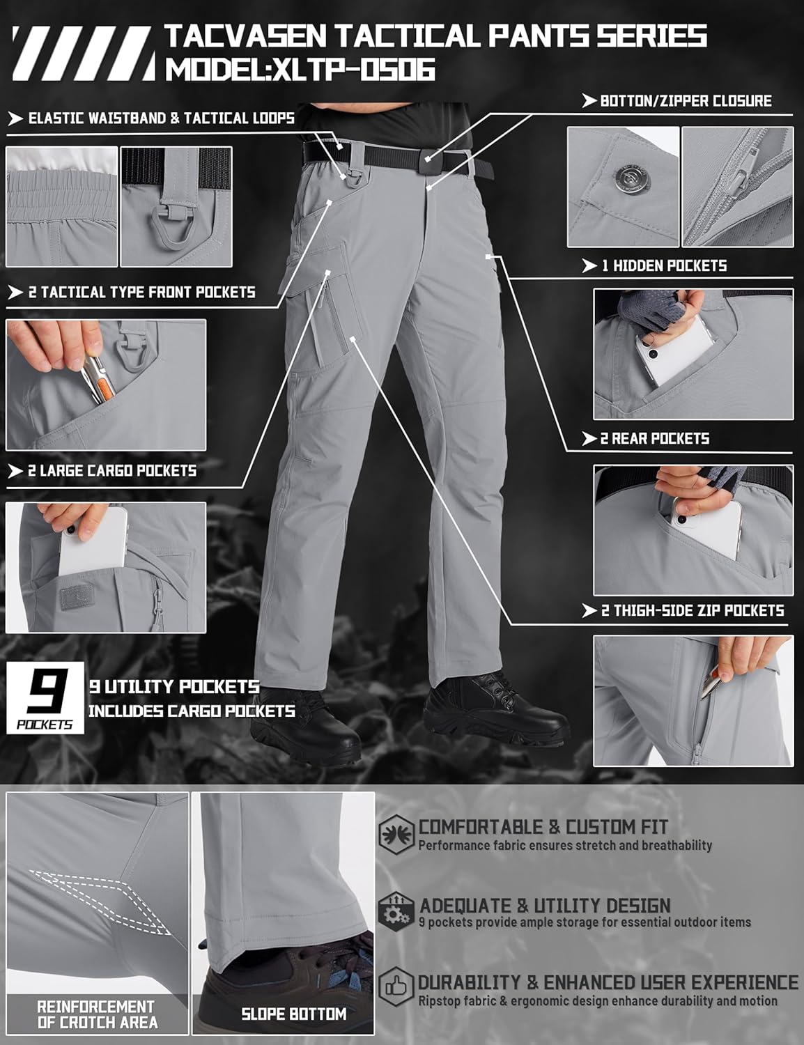 TACVASEN Men's Cargo Work Pants Construction Tactical Water Resistant Lightweight Outdoor Hiking Pants with 9 Pockets - Image 4
