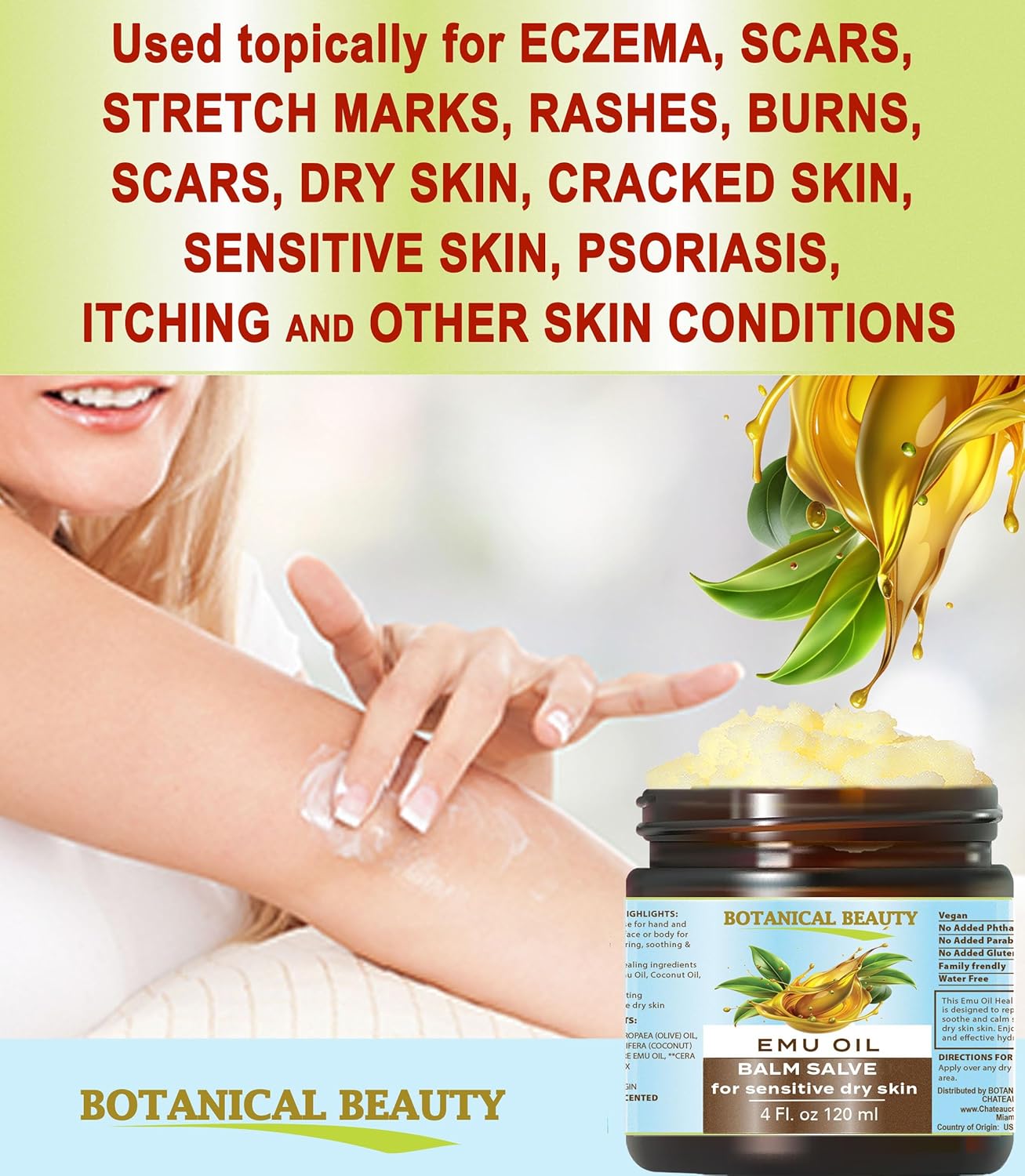 Botanical Beauty EMU OIL Balm Salve 100% Natural for SENSITIVE DRY SKIN for FACE, SKIN, BODY, HAIR, LIP, NAILS, Tattoo Aftercare. 4 Fl oz 120 ml HYDRATING, NOURISHING, SMOOTHENING, SOFTENING - Image 5