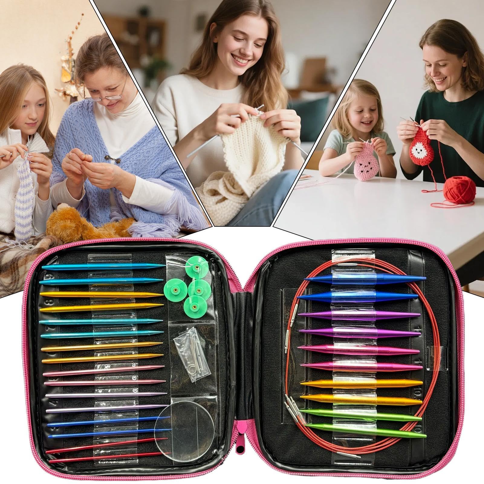Agujas circulares intercambiables | Mangos ergonómicos con estuche, Agujas circulares adecuadas para principiantes | para madres, abuelas, amantes del trabajo manual, suéteres,