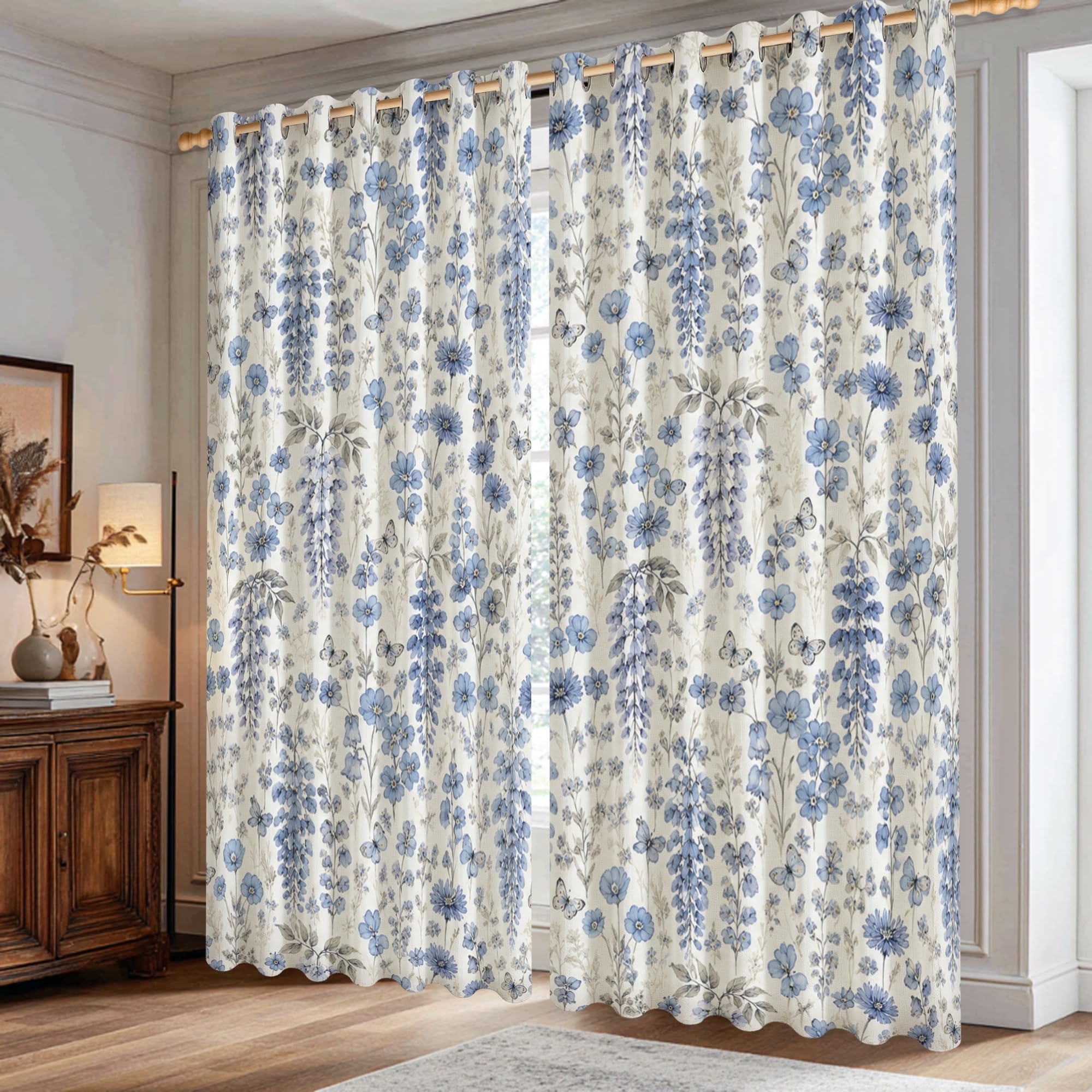 Rideaux occultants motif floral papillon vintage bleu 106x183 pour chambre enfant