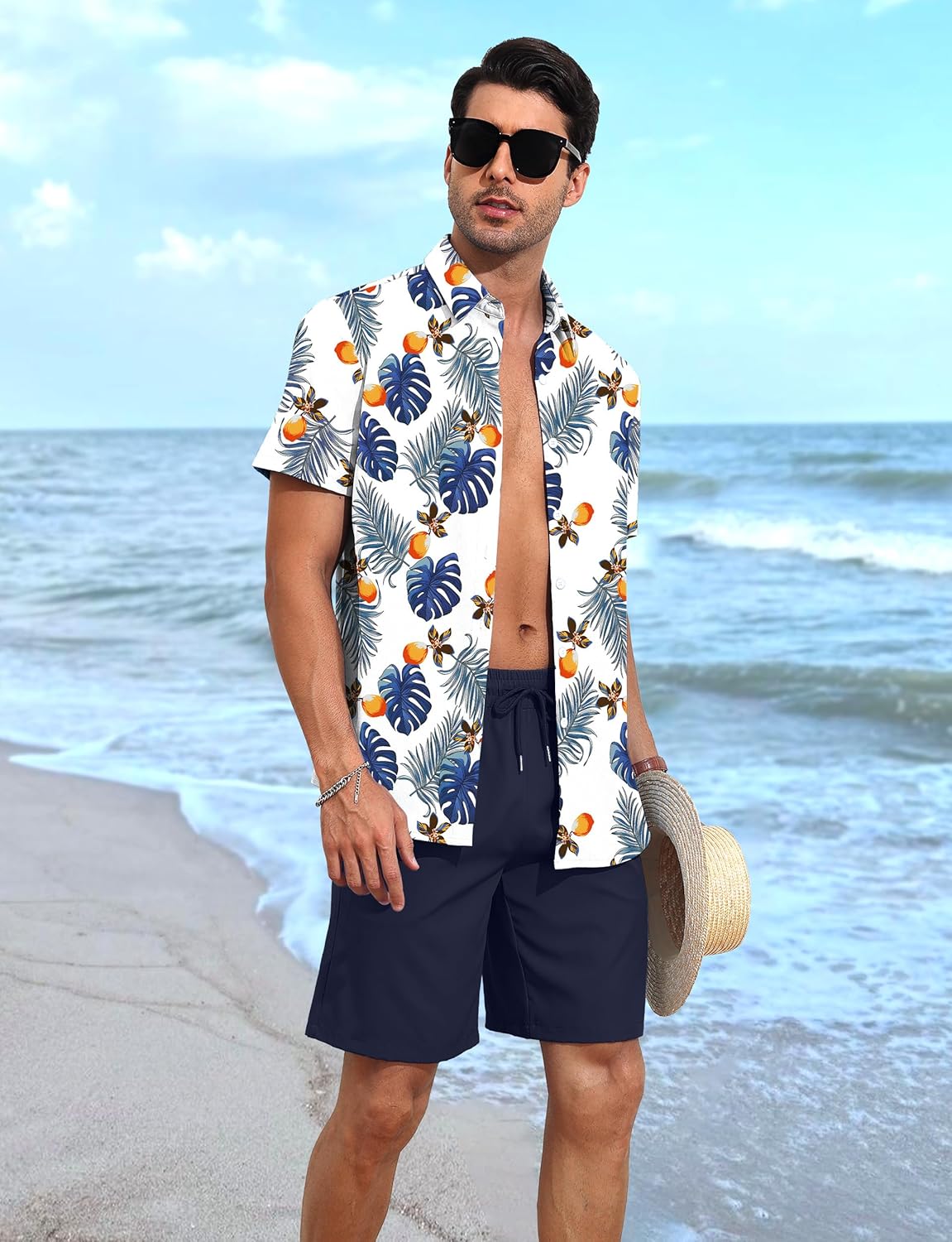 YTD Men's 2 Piece Outfits Tropical Print Short Sleeve Button Down Hawaiian Shirt and Beach Shorts Set - Image 2