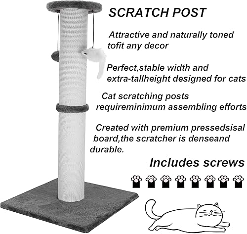 Miniatura 8 de Ahomdoo Poste rascador para gatos de 34 pulgadas de alto, resistente y grueso, cuerda de sisal con bola colgante y ratones, rascador vertical para
