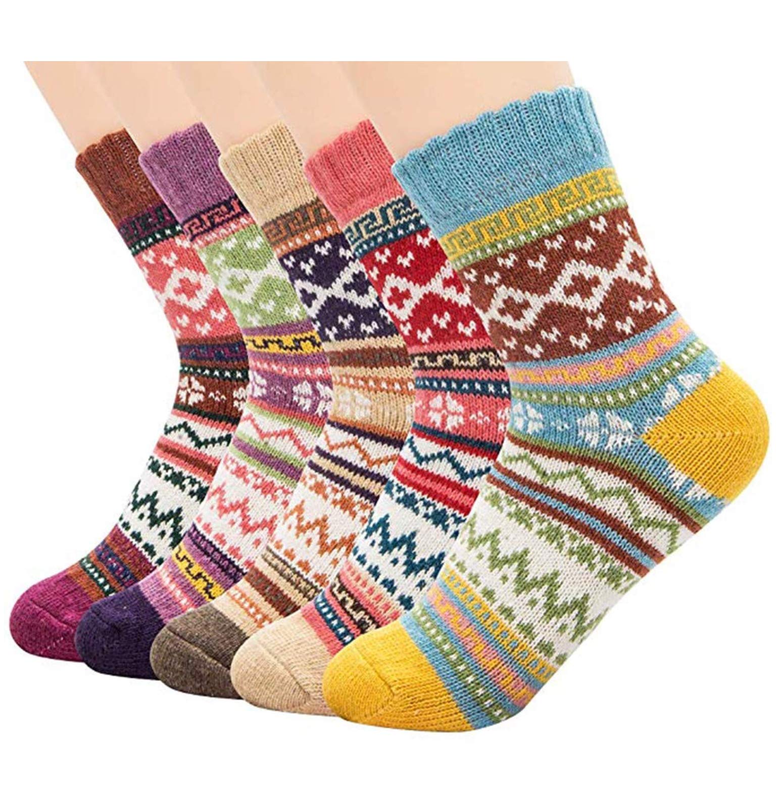 Winter Socks 7 Pairs, Vintage Style Chunky Knit Wool Cashmere, Thick Warm Soft Solid Casual Sports Socks(Mix of bright prints)