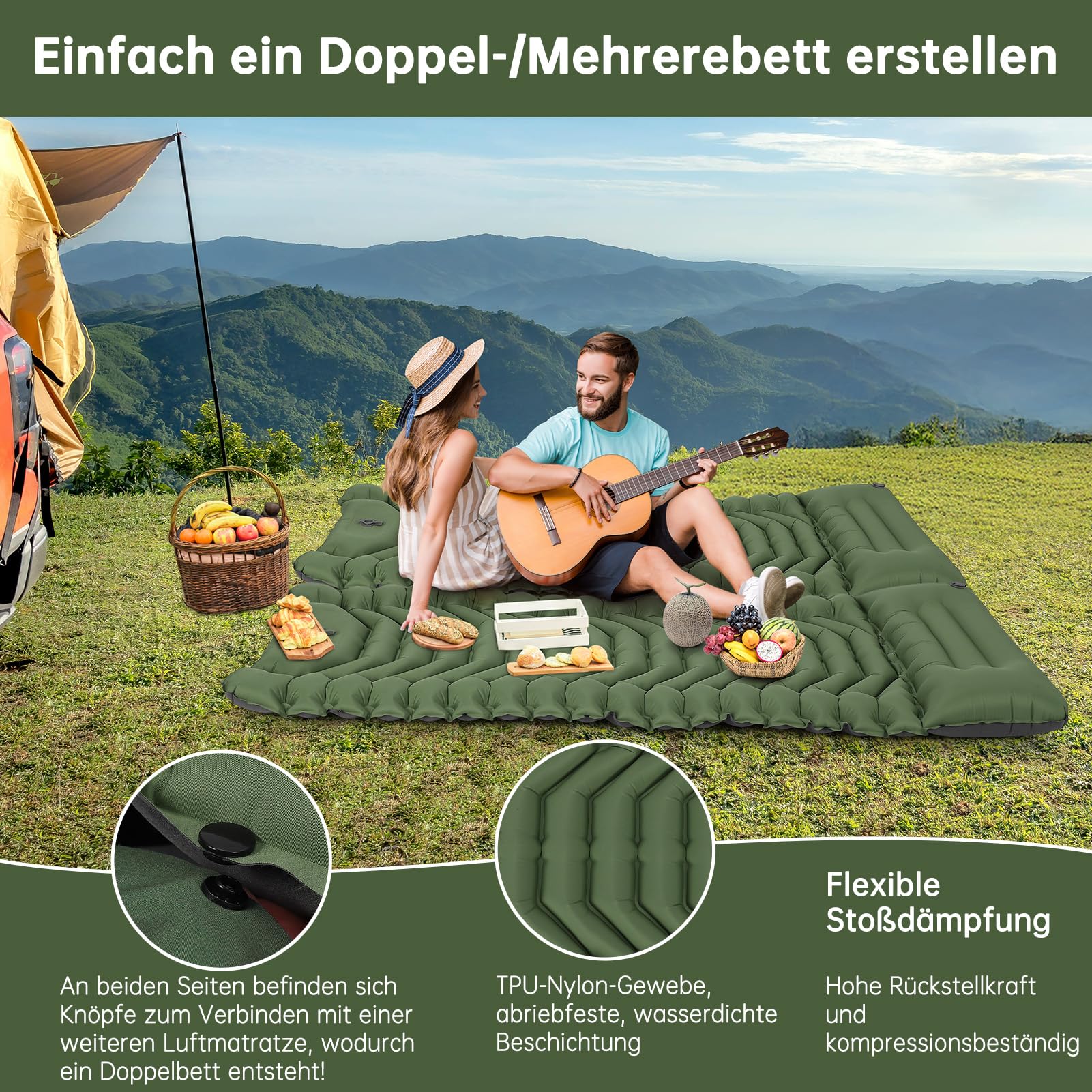 HAUSPROFI Isomatte Camping, Ultraleicht Camping Luftmatratze mit Fußpumpe & Kissen, Aufblasbare Matratze Kompakte und Leichte, Campingmatte für Wandern Strand Outdoor, Grün