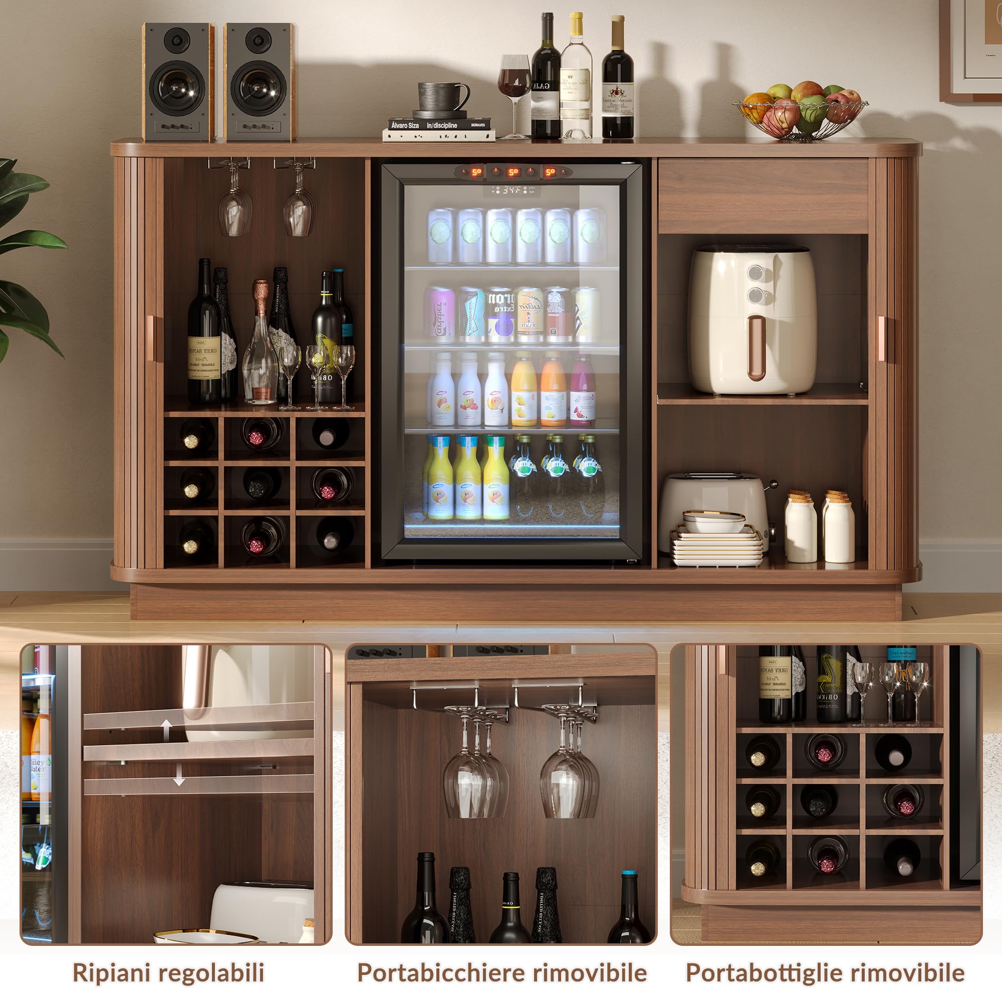 Credenza/mobile bar scanalato da 130 cm con vano frigorifero, mobile bar retrò con ante a serrandina, ripiani regolabili e portabottiglie per cucina e sala da pranzo.