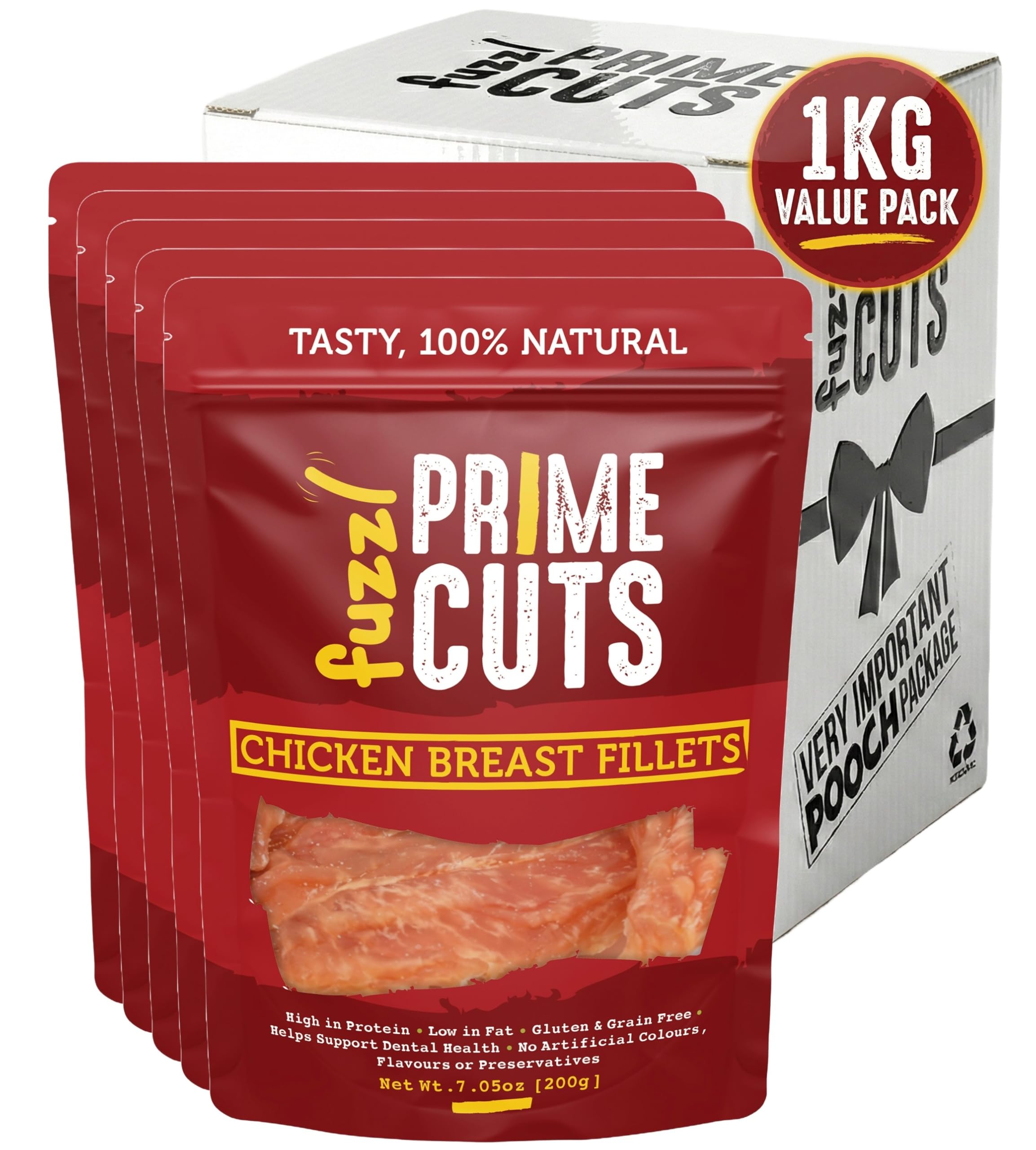 Fuzzl Prime Cuts 100% Natural Chicken Breast Fillets 1kg – High Protein, Low Fat Dog Treats – Gluten & Grain Free, Supports Dental Health, Nothing Artificial 5x200g Value Pack — image 1