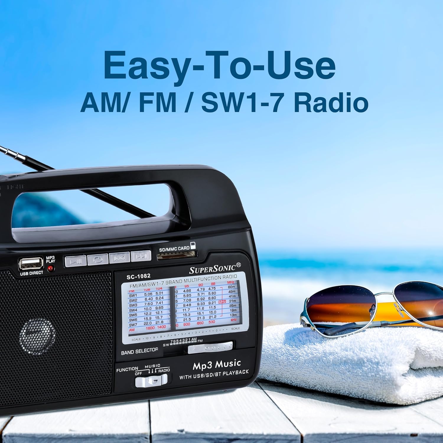 Supersonic SC-1082 9 Band AM/FM/SW 1-7 Portable Radio, High Sensitivity Receiver, Torch Light, Speaker, USB/SD Card Input, Rechargeable Battery, 360° Antenna, 8-10hr Flashlight, 2hr Radio, AC/DC