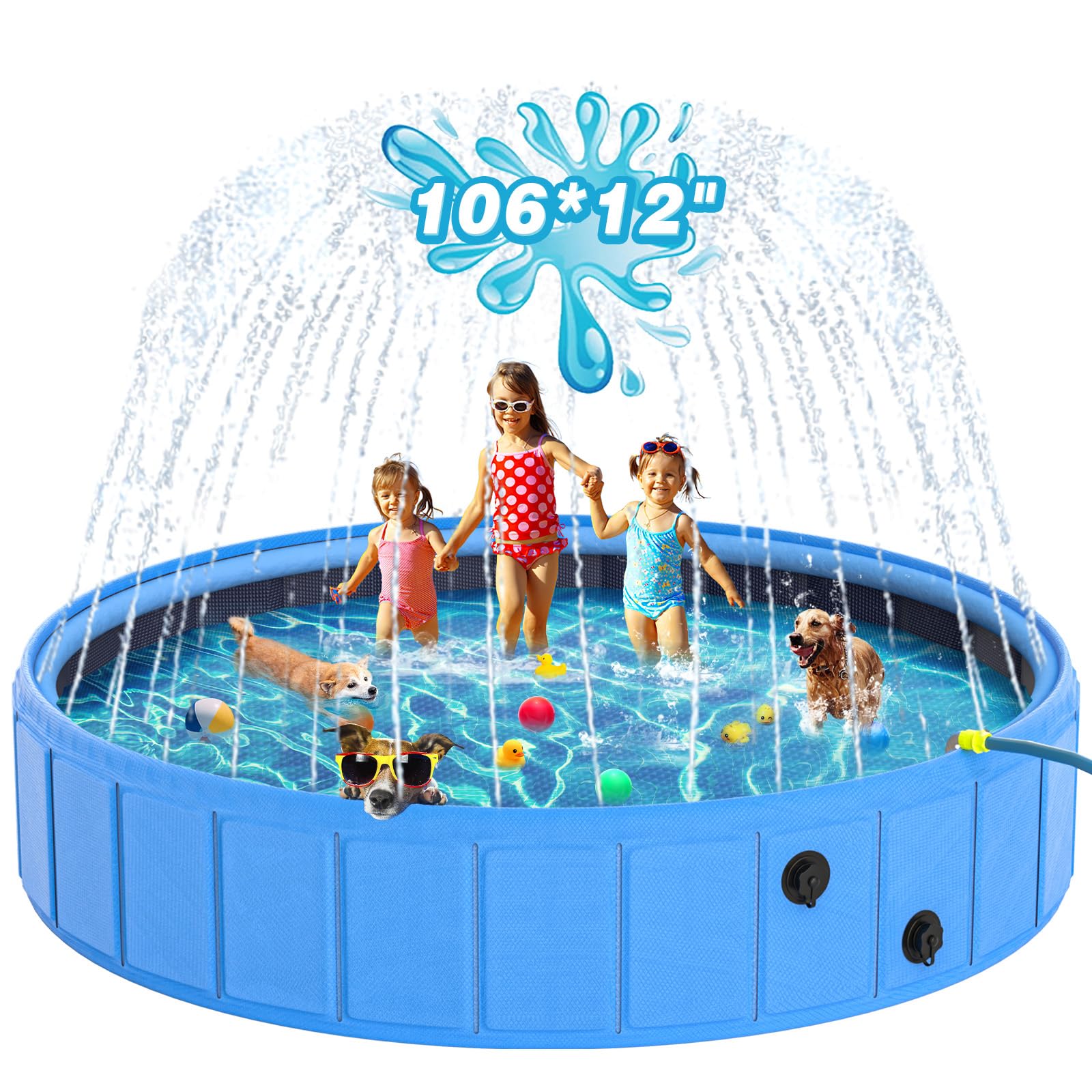 EPN Large Foldable Dog Pool – 0.55MM PVC 2-in-1 Portable Bathtub & Sprinkler for Dogs, Cats, Kids – Heavy Duty, Non-Slip, Summer Water Toy (106 in)