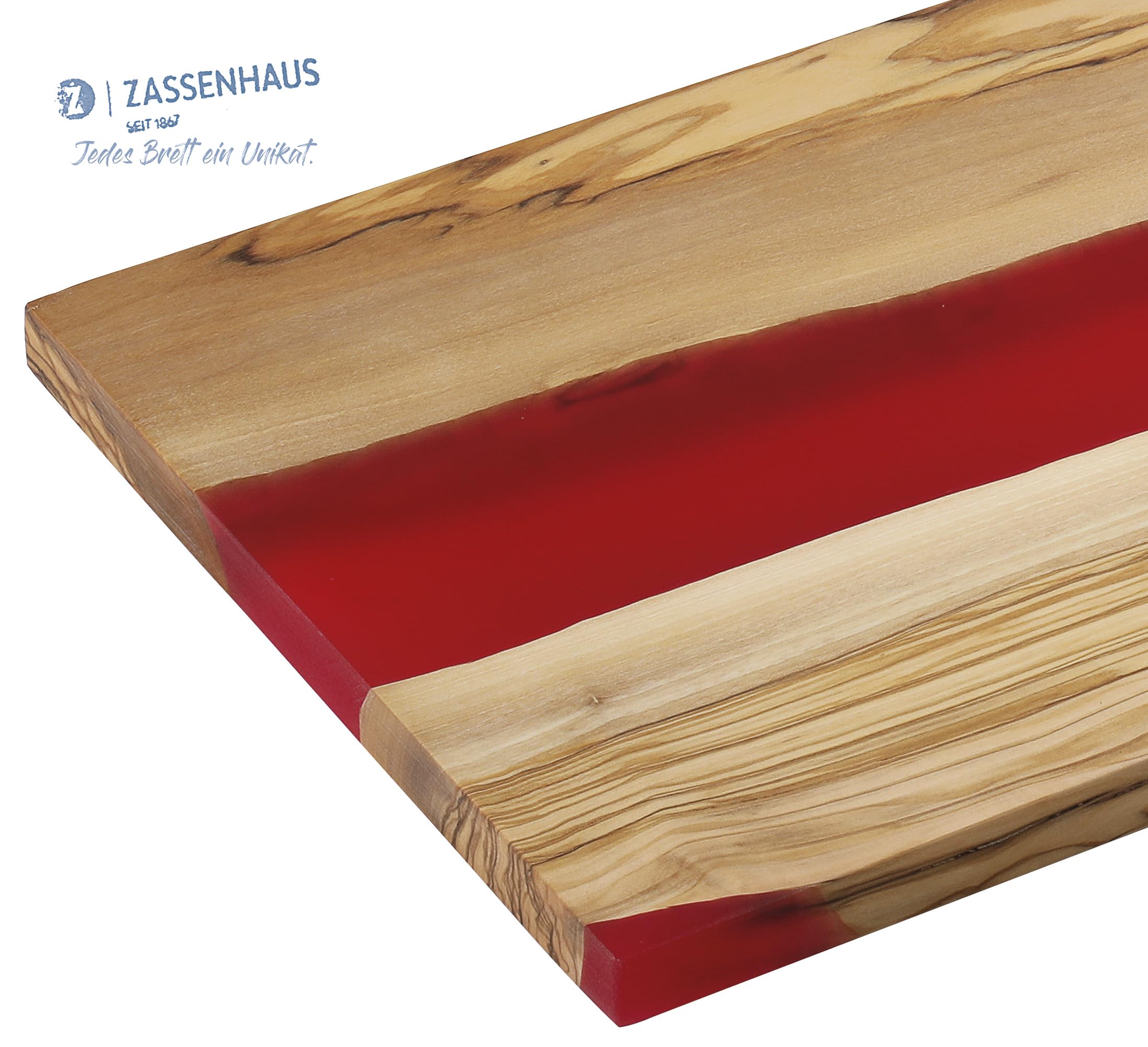 Zassenhaus Servierbrett Rot, 45×22×1,5cm, Olivenholz mit Harz, Handarbeit | Unikat-Schneidebrett für Käse, Wurst und Antipasti, pflegeleicht, handgefertigt, natürliches Olivenholz