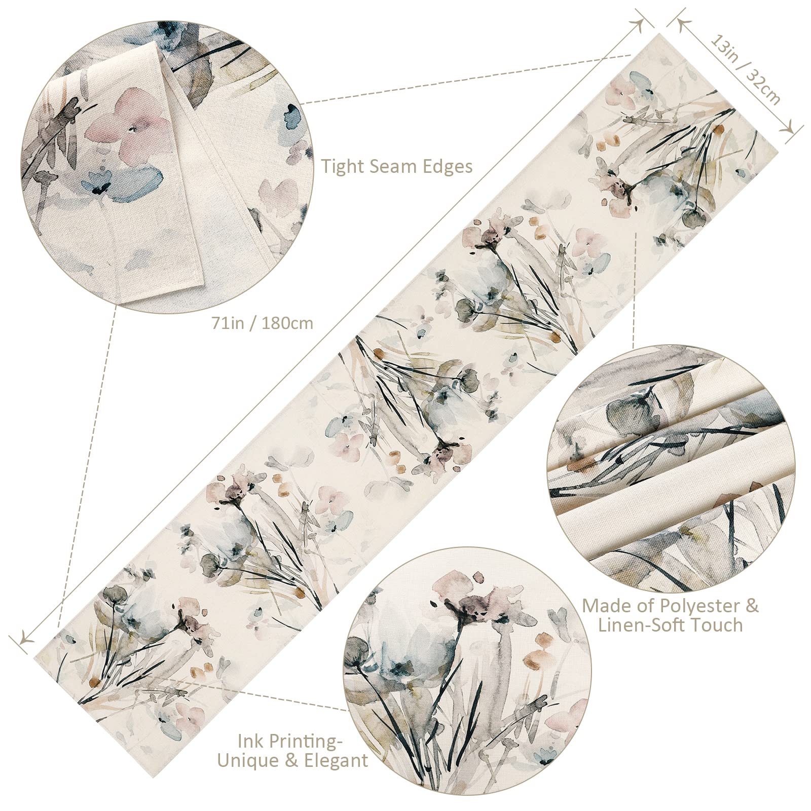 DEMIUKO 12 x 71 inch beige tafelloper lente aquarel bloemen tafel