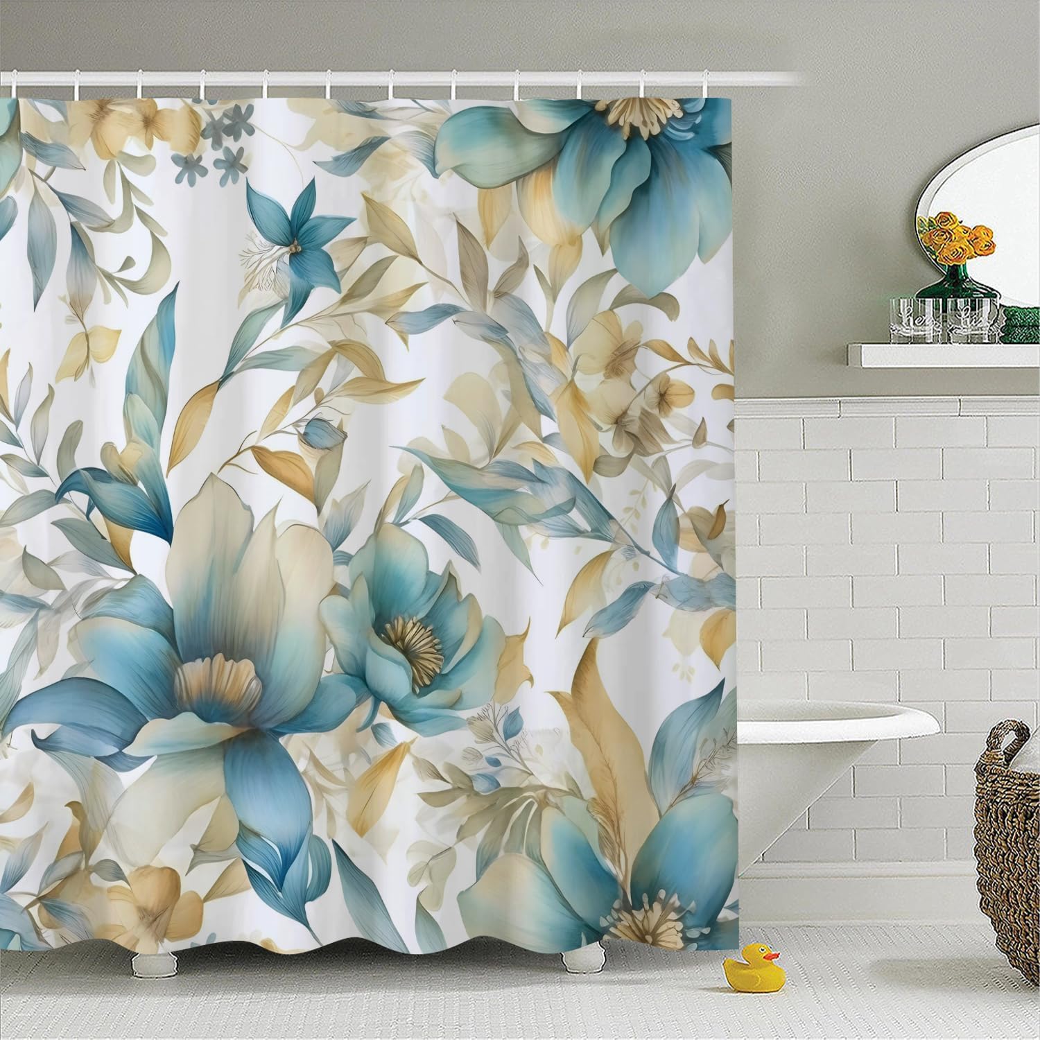 Teal Blue Gold Floral Shower Curtain for Bathroom Yellow Flowers Boho Fabric Bathtub Curtain Set Botanical Plants Leaves Bath Home Decor Waterproof Shower Curtains 72x78 inches with Hooks