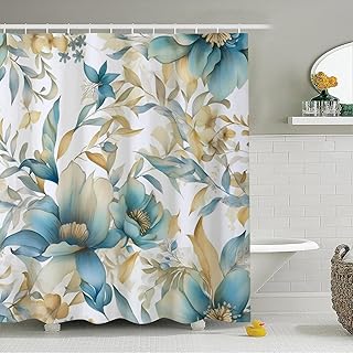 Uiiooazy Teal Blue Gold Floral Shower Curtain for Bathroom Yellow Flowers Boho Fabric Bathtub Curtain Set Botanical Plants Leaves Bath Home Decor Waterproof Shower Curtains 72x72 inches with Hooks