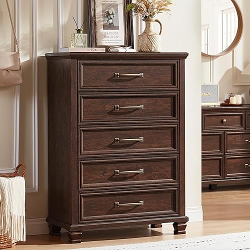 Farmhouse 5 Drawer Dresser for Bedroom, 45” Tall Dresser for Closet, Rustic Wooden Chests of Drawer for Bedroom, Hallway, Entryway, Walnut