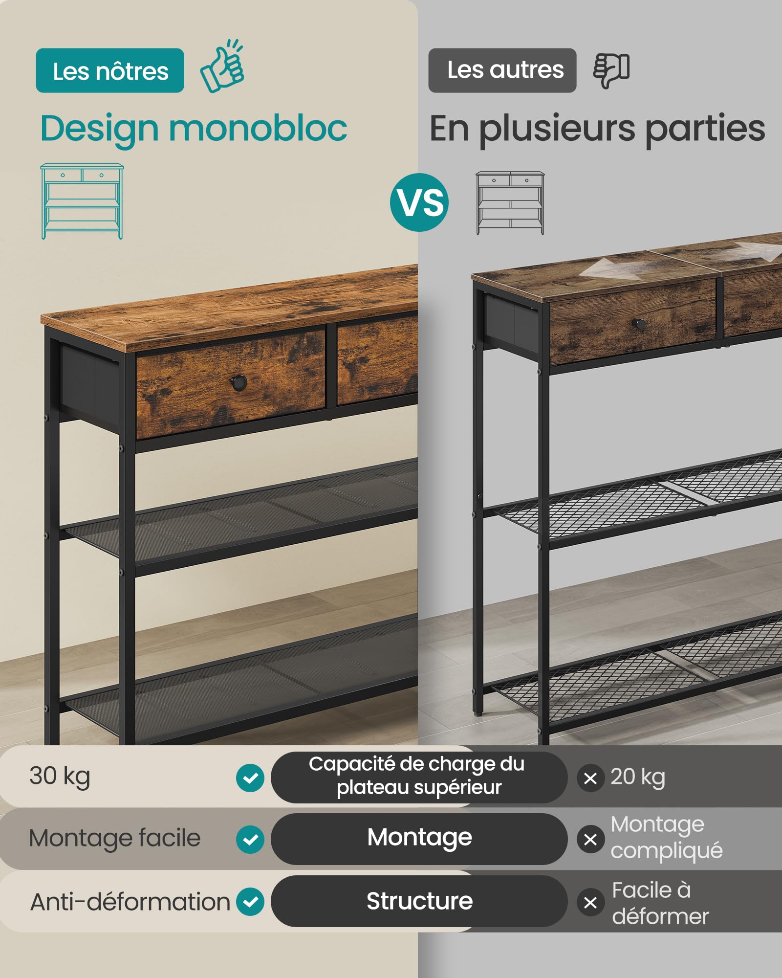 SONGMICS BELLAH Collection - Table Console, Bout de Canapé Fin, Table d’Entrée avec 2 Étagères Grillagées, pour Salon, Couloir, 30 x 98,8 x 78,7 cm, 3 Tiroirs en Tissu, Marron Rustique LGS098K101