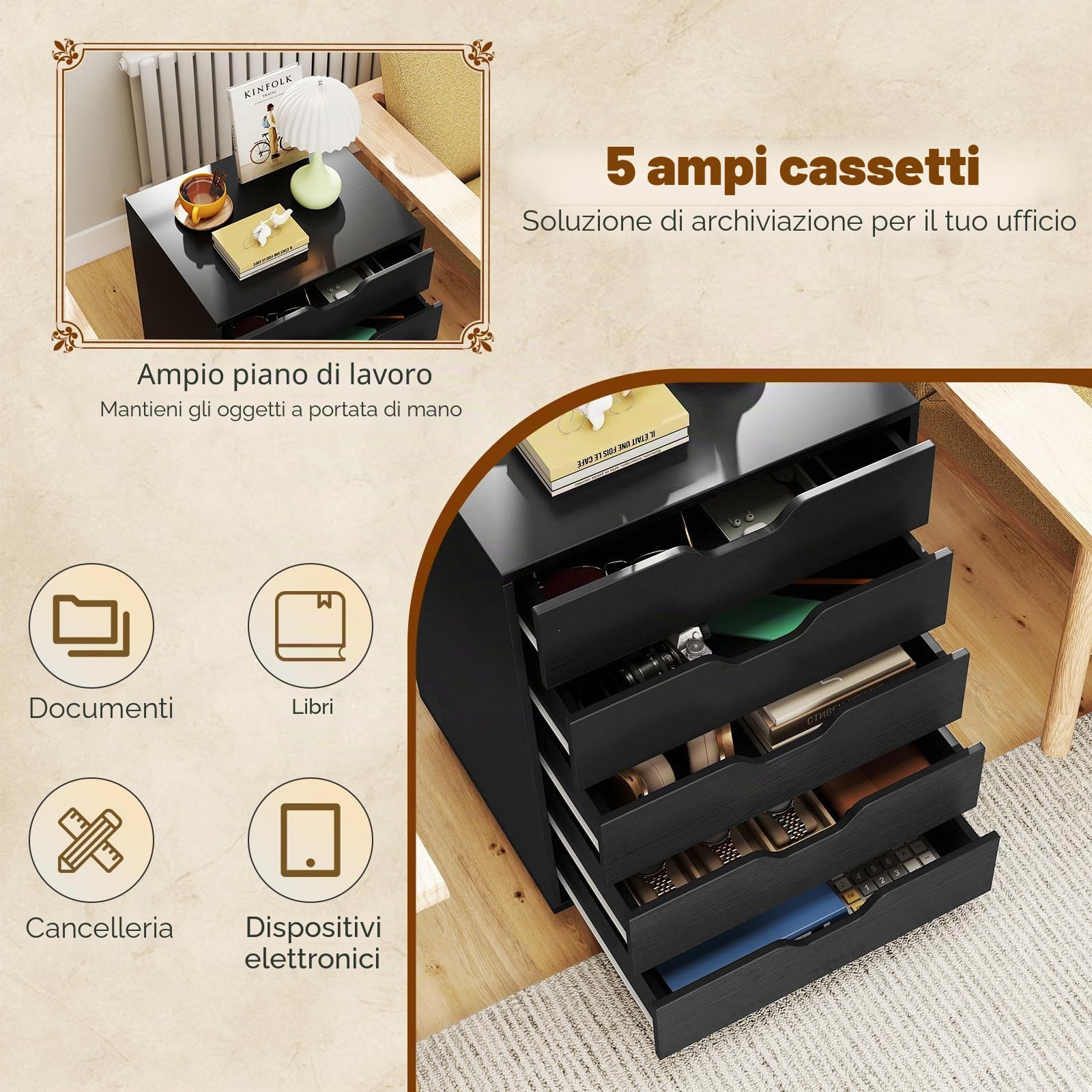 GIANTEX Cassetto da scrivania mobile con 5 cassetti da ufficio, mobile da ufficio, organizer con ruote, supporto per stampante per cartelle, documenti, documenti, carta, 48 x 39,5 x 69,5 cm (Nero)
