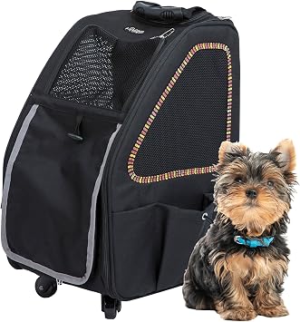 Petique 5-in-1 PET Carrier, Features Rolling, Top Handle, Backpack, Luggage Attachment, Car Seat All in ONE for Small to Medium Dog, Cat, Bunny, Supports Pets up to 25LBS - Sunset Strip