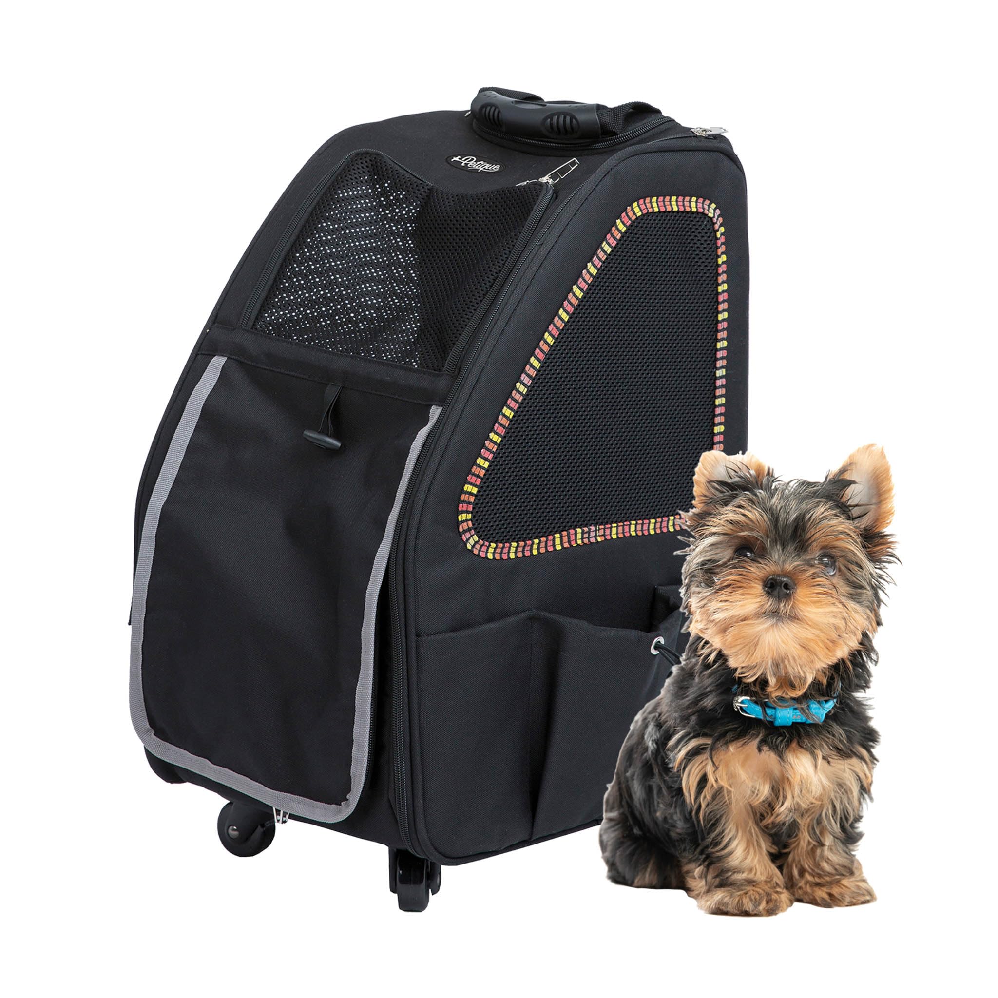 Petique 5-in-1 PET Carrier, Features: Rolling, Top Handle, Backpack, Luggage Attachment, Car Seat All in ONE for Small to Medium Dog, Cat, Bunny, Supports Pets up to 25LBS - Sunset Strip