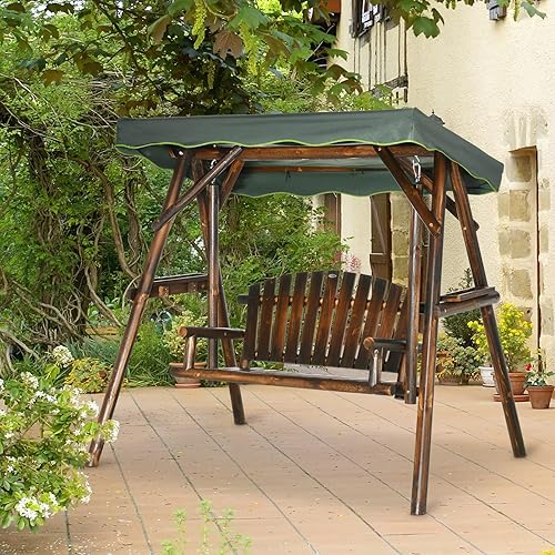 Miniatura 2 de Outsunny Silla de columpio para patio para 2 personas, banco de porche de madera colgante al aire libre con toldo ajustable y bandejas laterales