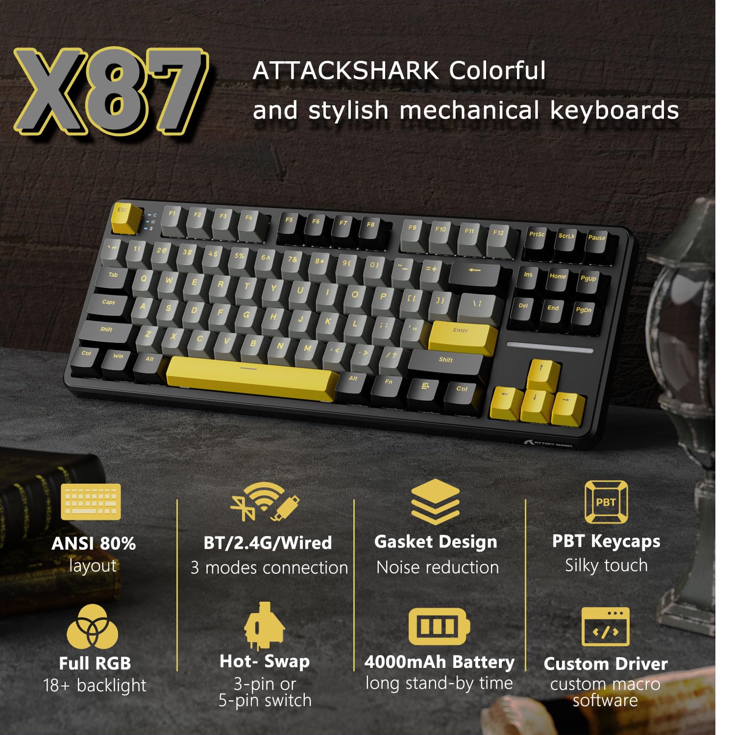 ATTACK SHARK X87 80% Tastiera da gioco meccanica wireless,BT5.0/2.4Ghz/USB-C Guarnizione hot-swap,illuminazione RGB,batteria da 4000mAh,interruttore lineare prelubrificato,tasti PBT per PC/MAC-Nero
