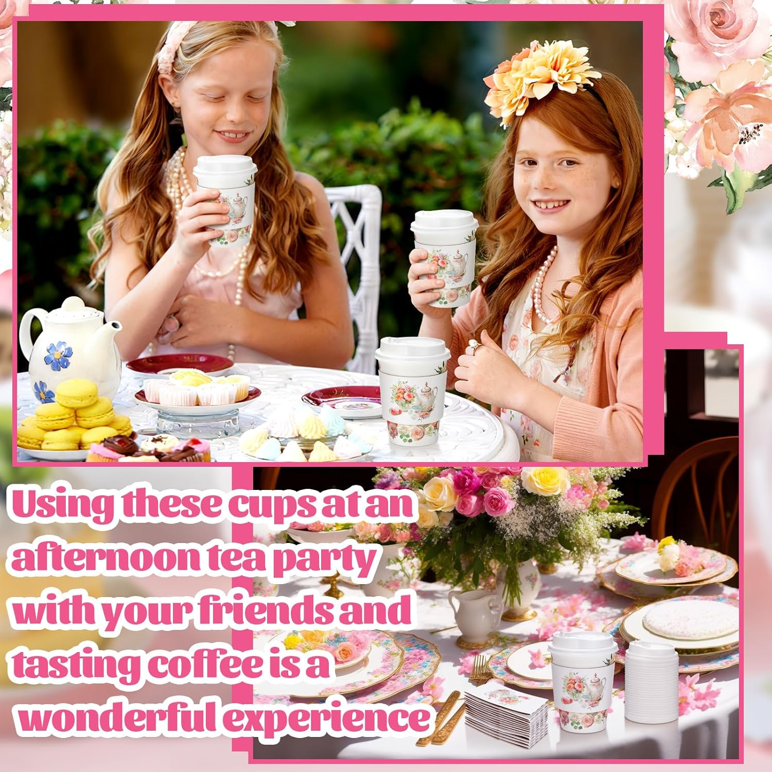 Vesici 60pcs Tea Party Decorations 14oz Disposable Coffee Cups with Lids and Sleeves Pink Floral Teapot Pattern Coffee Cups for Spring Summer Wedding Bridal Shower Garden Birthday Party Decor Supplies