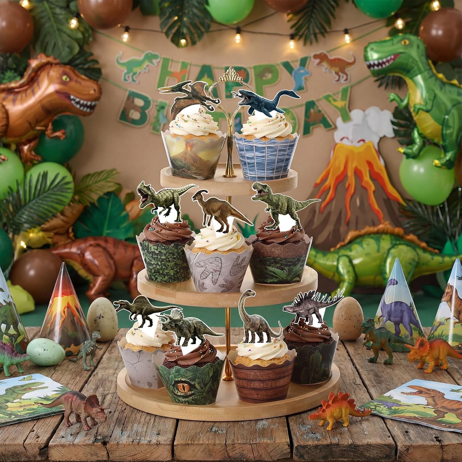Geyoga 72 Pcs Dinosaur Birthday Cupcake Decorations Dinosaur Cupcake Toppers and Wrappers Bulk Realistic Dino Party Favors Supplies for Baby Shower Woodland Jungle Party