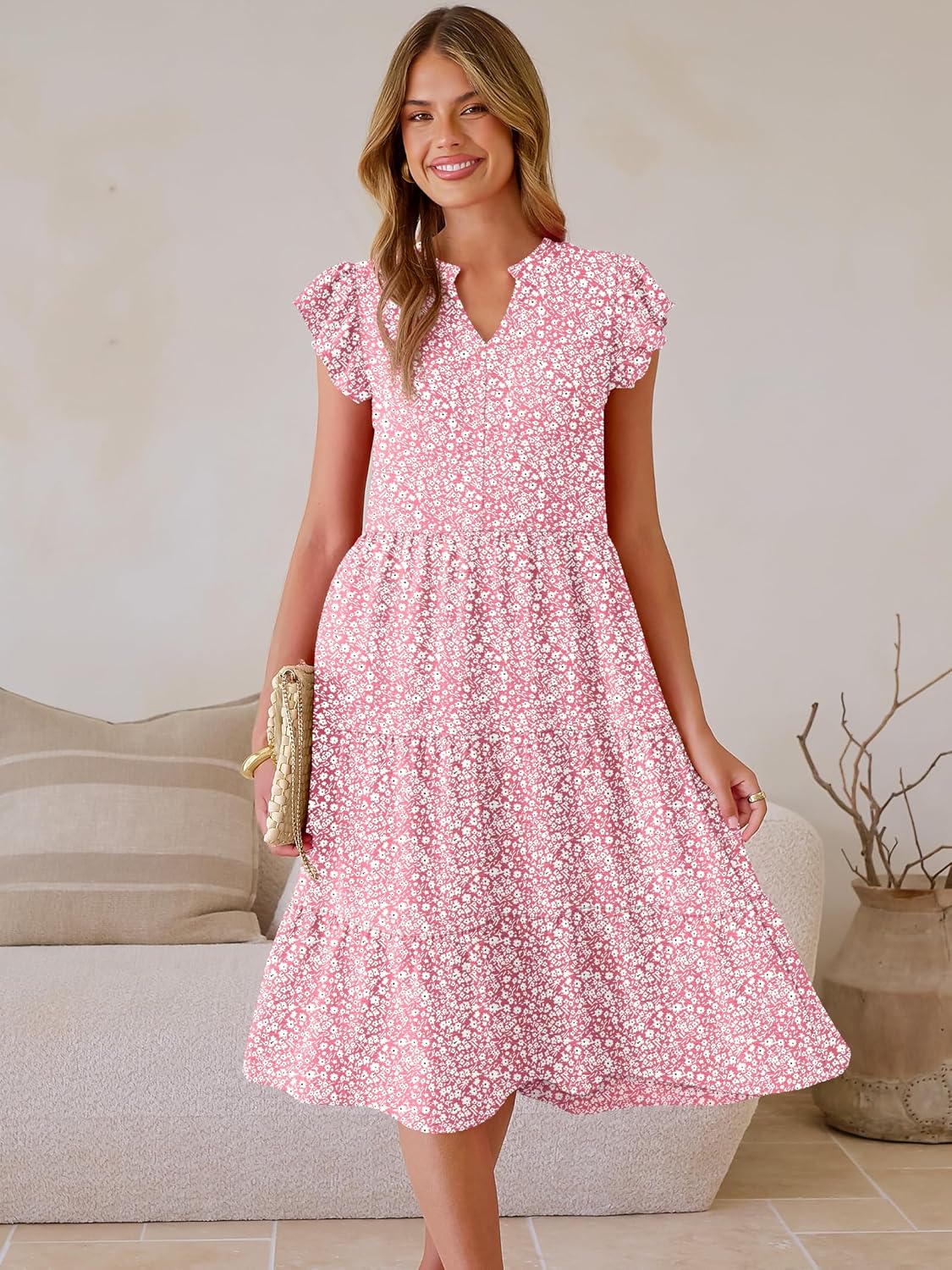 ANRABESS Womens Summer Casual Dress V Neck Ruffle Sleeve Midi Dresses 2026 Trendy Flowy Tiered Boho Beach Vacation Sundress - Image 2