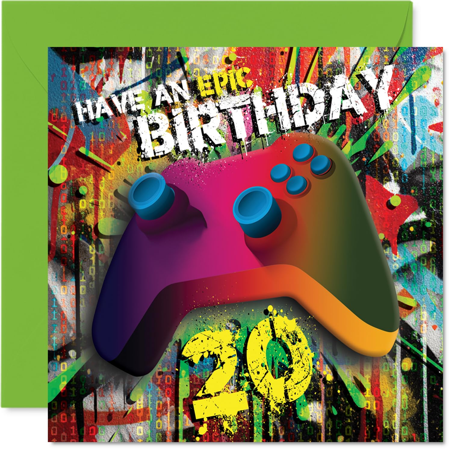 Playful 20th Birthday Card - Level Up Your 20th - Vibrant Gaming Controller Graffiti Design - Energy-packed Card for Gamers - 145mm Square, Envelope Included