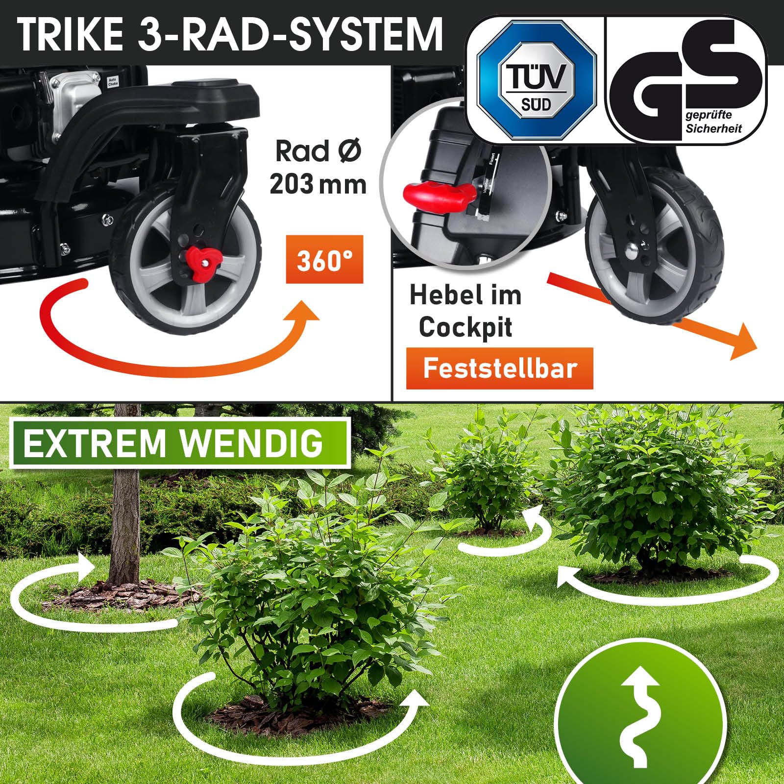 BRAST Benzin Rasenmäher Trike mit Antrieb | 5,2kW(7PS) | Elektrostart | 53cm Schnittbreite | viele Modelle | TÜV | 4 Takt OHV Motor | 30-80mm Schnitthöhe | 60L Fangkorb | Stahlgehäuse | ESTART Speed