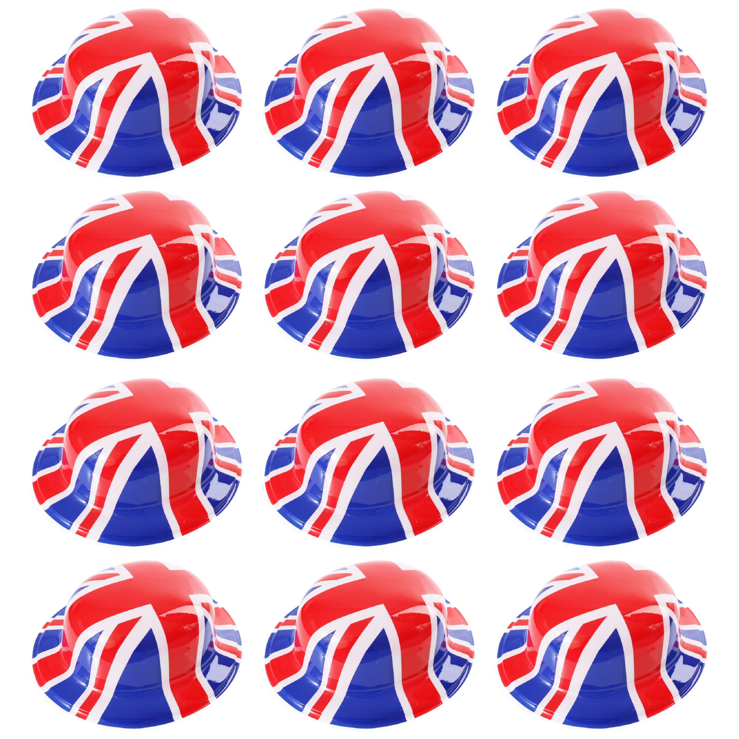 UNION JACK PLASTIC BOWLER HATS - JUBILEE PARTY BRITISH FANCY DRESS MENS & LADIES - PACK OF 12