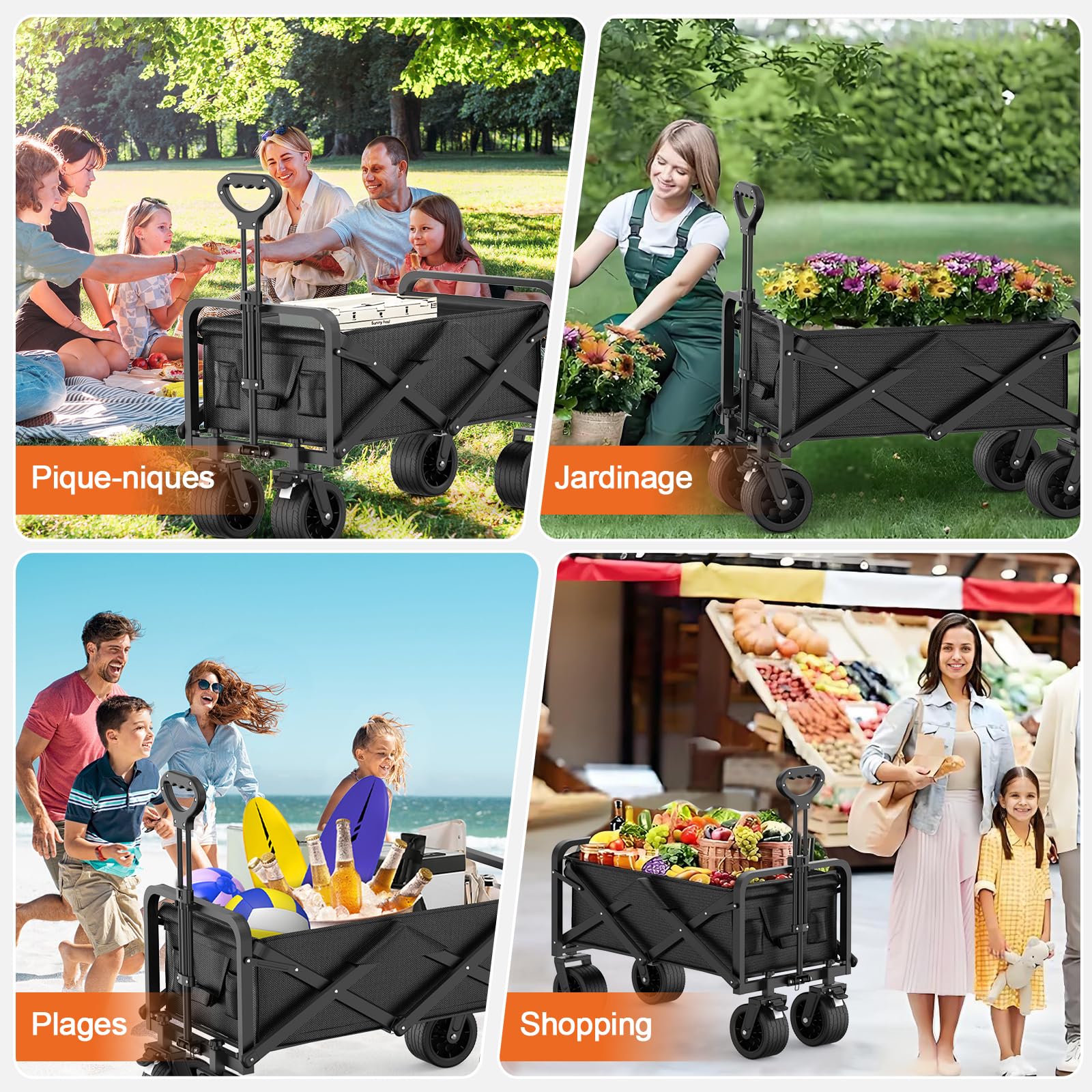Chariot de Plage Pliable avec Freins 200kg, Chariot de Transport avec Roues Extra-Larges, Tout Terrain Chariot de Jardin avec Poignée Réglable & Sac de Couverture pour Plage Camping Jardin Pique-Nique