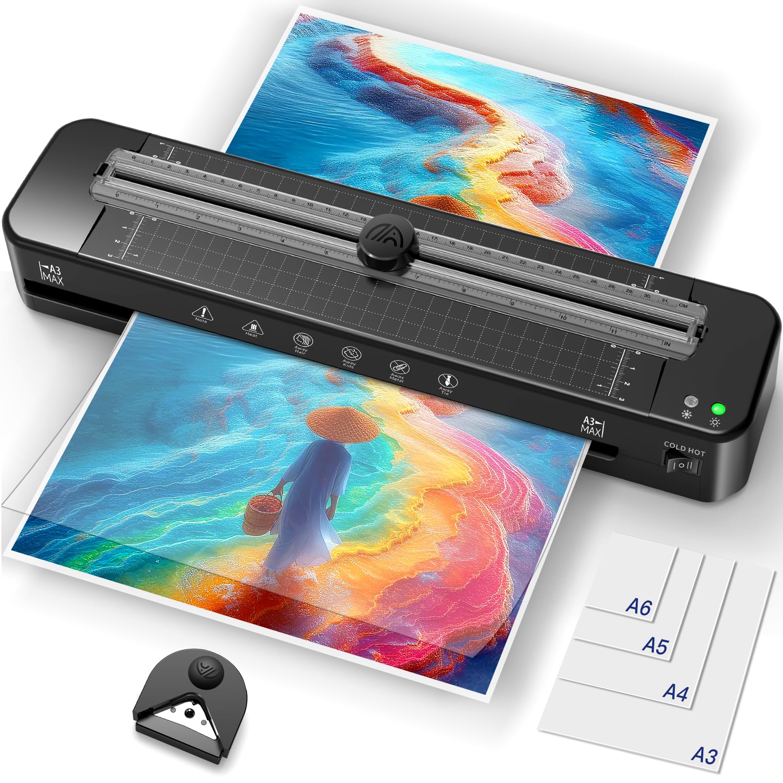 Laminator A3 Laminator Machine - Cold and Thermal Laminator with 30 Laminating Pouches for A3/A4/A5/A6, Fast Warm-up, Built-in Cutter and Corner Rounder for Home Office School Use