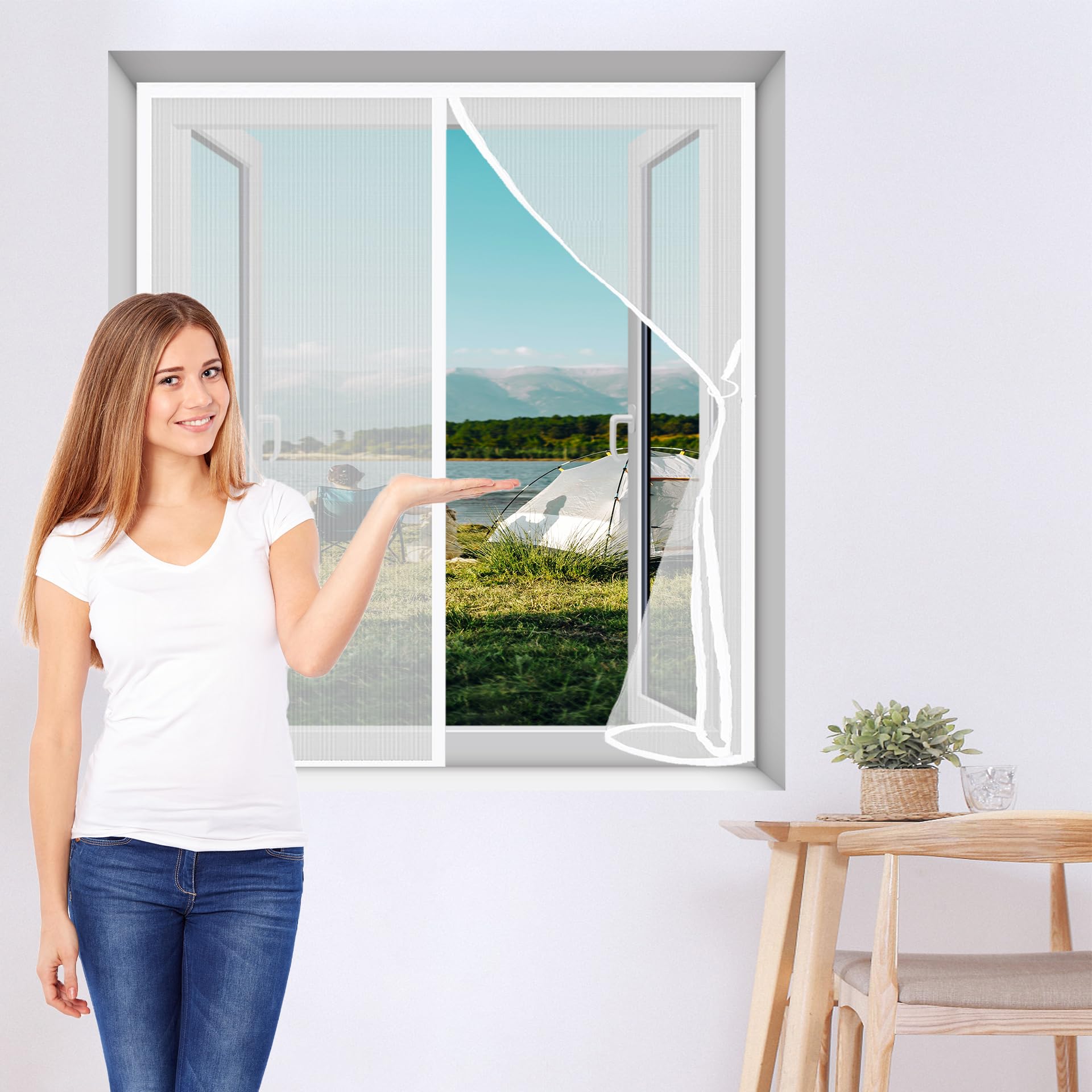 Amzyu White Magnetic Fly Screen Window 114 X 89 Cm Mosquito Net For Windows Fine Mesh Durable ‎Polyester No Drilling Or Screwing With Hook Sticky Tape,