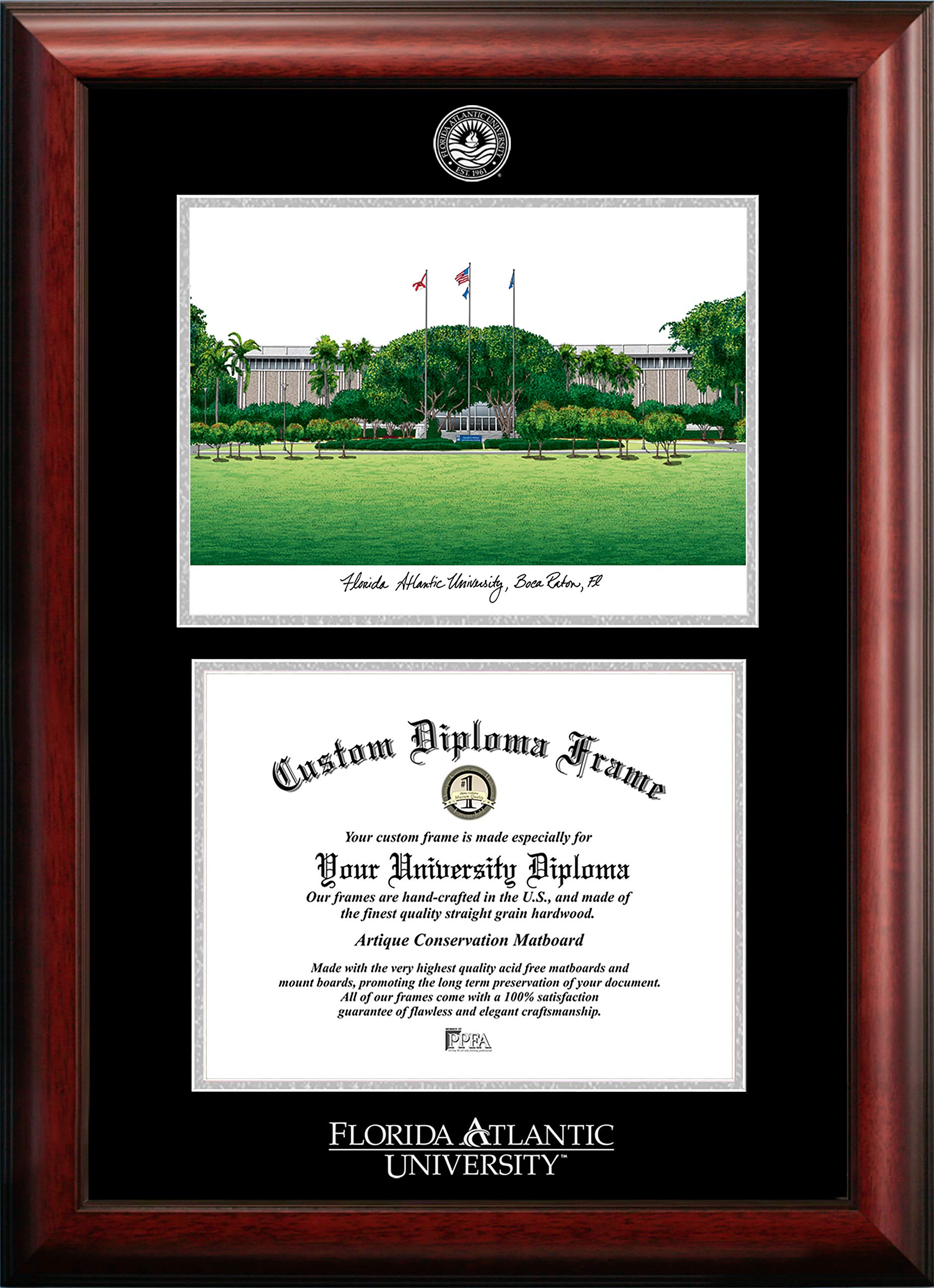 Campus Images NCAA Florida Atlantic Owls Unisex Silver Medallion Frame Florida Atlantic University 11w x 8.5h Silver Embossed Diploma Frame Lithograph, Brown, One Size