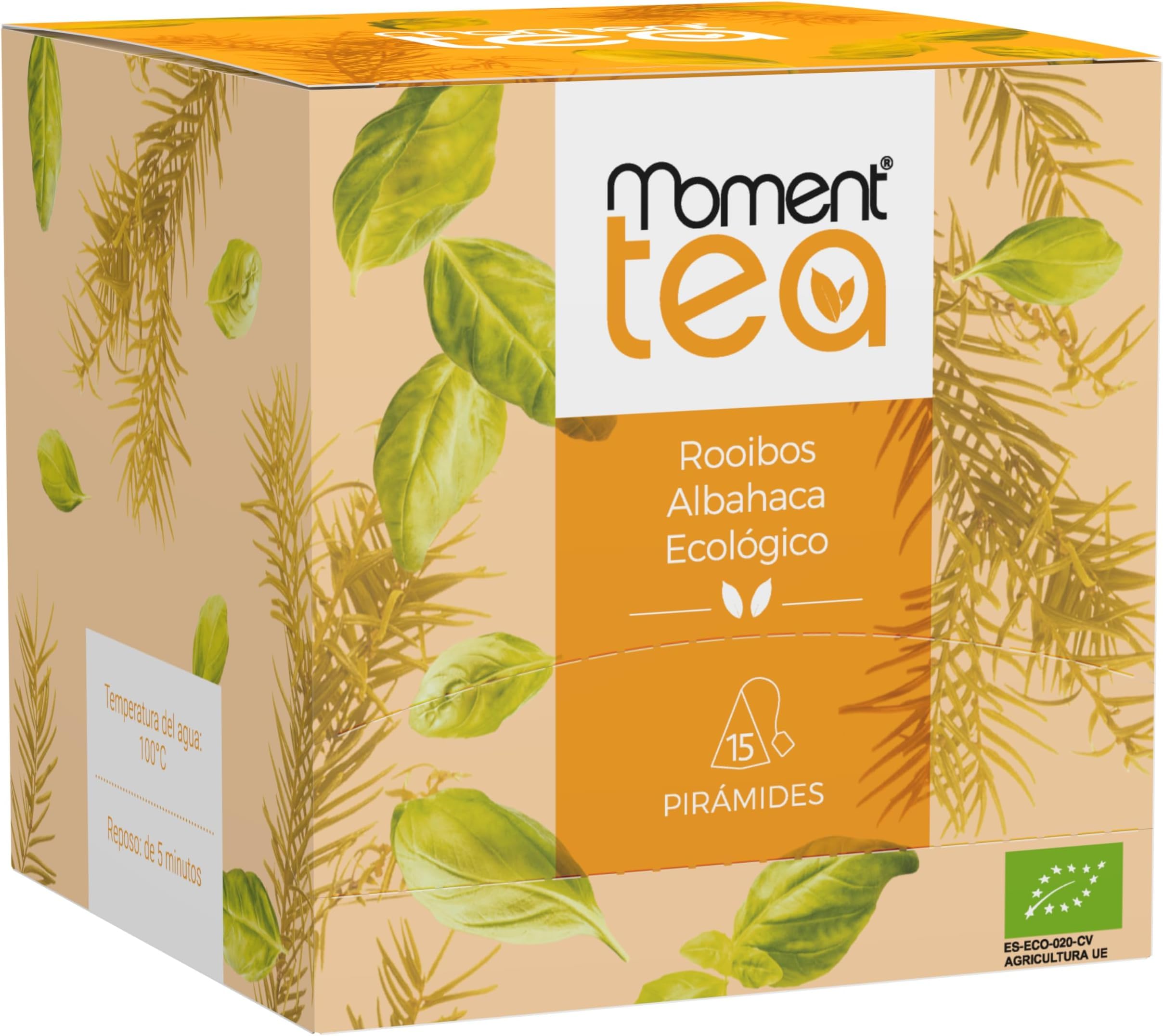 Moment Tea- Infusión Rooibos Albahaca Ecológico estuche de 15 pirámides de 2g (Paquete de 5)