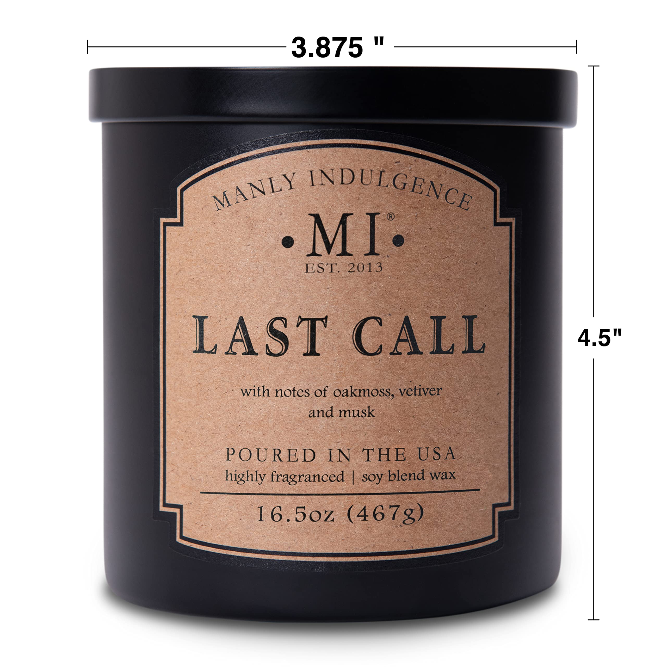 Manly Indulgence Last Call Duftkerze im Glas, 2 Baumwolldochte, Premium-Soja-Mischung, weißes Wachs, 60 Stunden Brenndauer, mattschwarzes Glas für Zuhause und Männer, 470 ml, in den USA gegossen