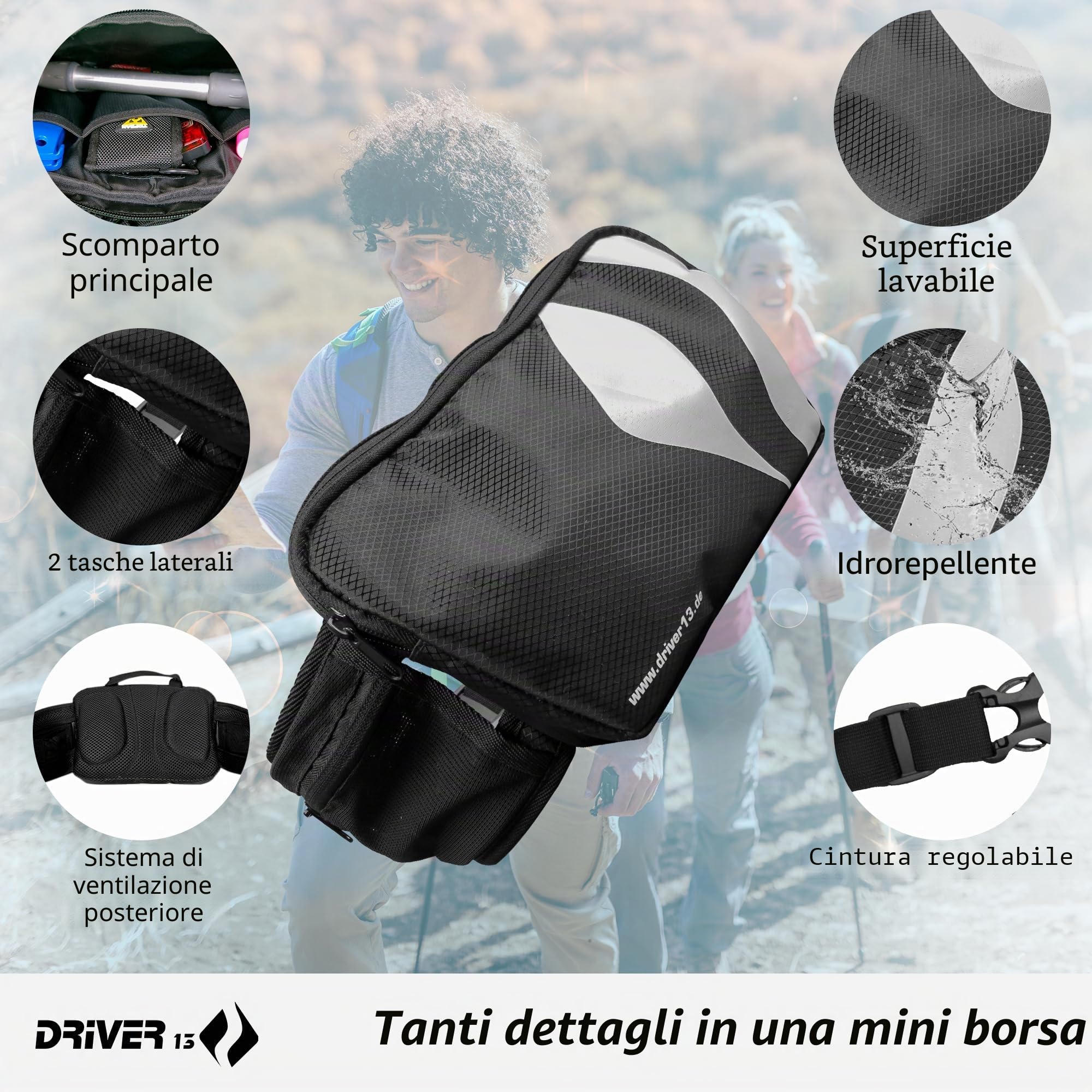 Driver13 Hipo Pack marsupio 3 L, marsupio per bici, trekking e trail, tasche interne, clip portachiavi, nero