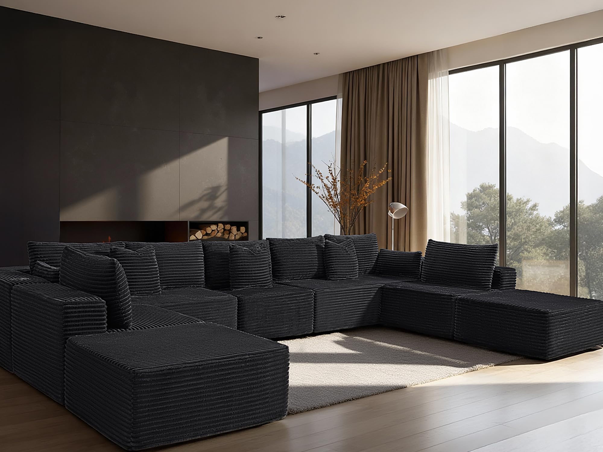 168" Cloud Sectional Couch, Comfort U Shaped Sofa for Living Room, Extra Deep Seats No Assembly, Minimalist Modular Couch, Corduroy (Black, 9 Seats,U-Shape A)