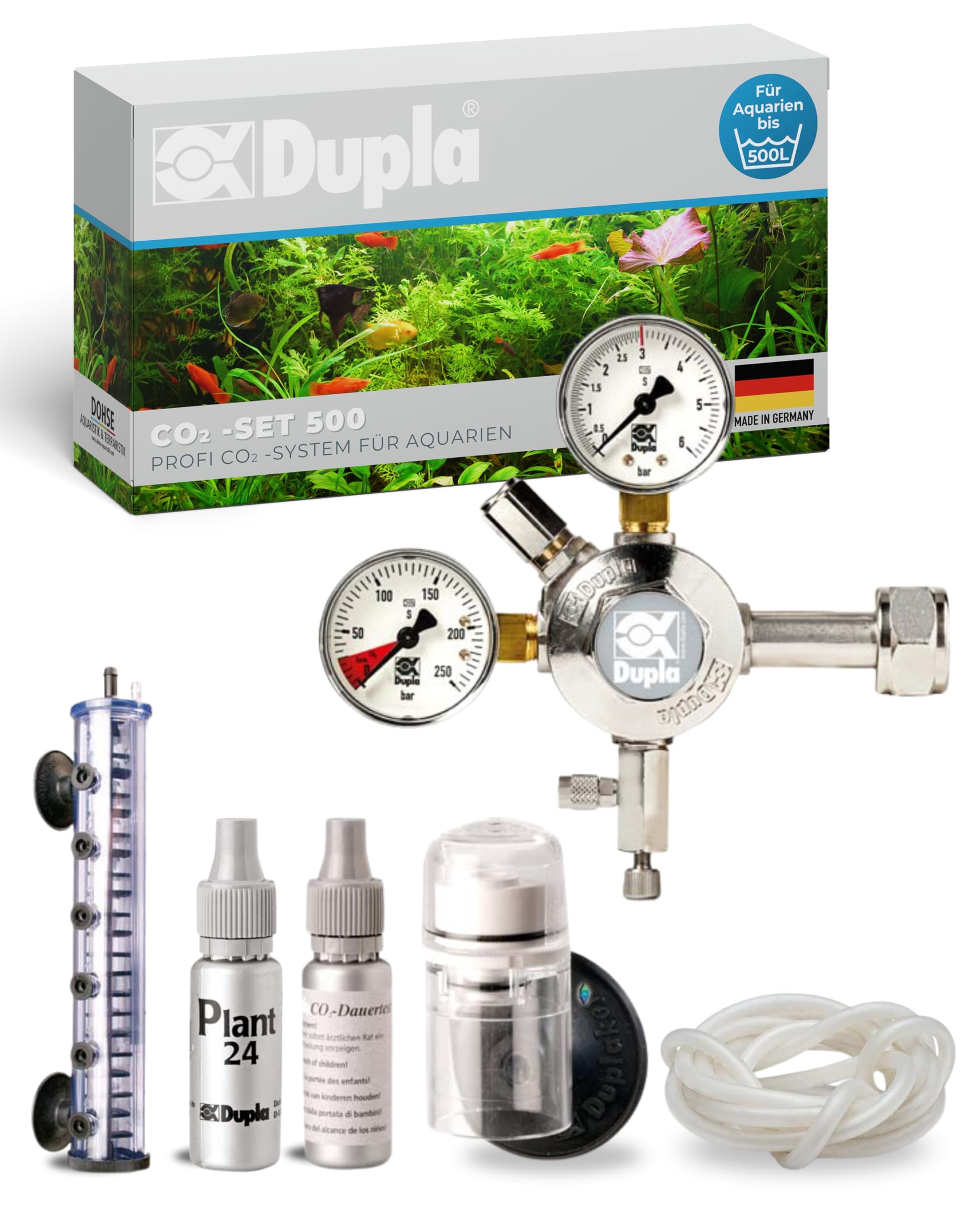 Dupla Profi CO2-Set 500 I Professionelles CO2-System für Aquarien bis 500 l I Präzise CO2-Anlage mit Armatur Pro, Aktiv-Reaktor, Dauertest, Silikonschlauch und Plant 24 Dünger
