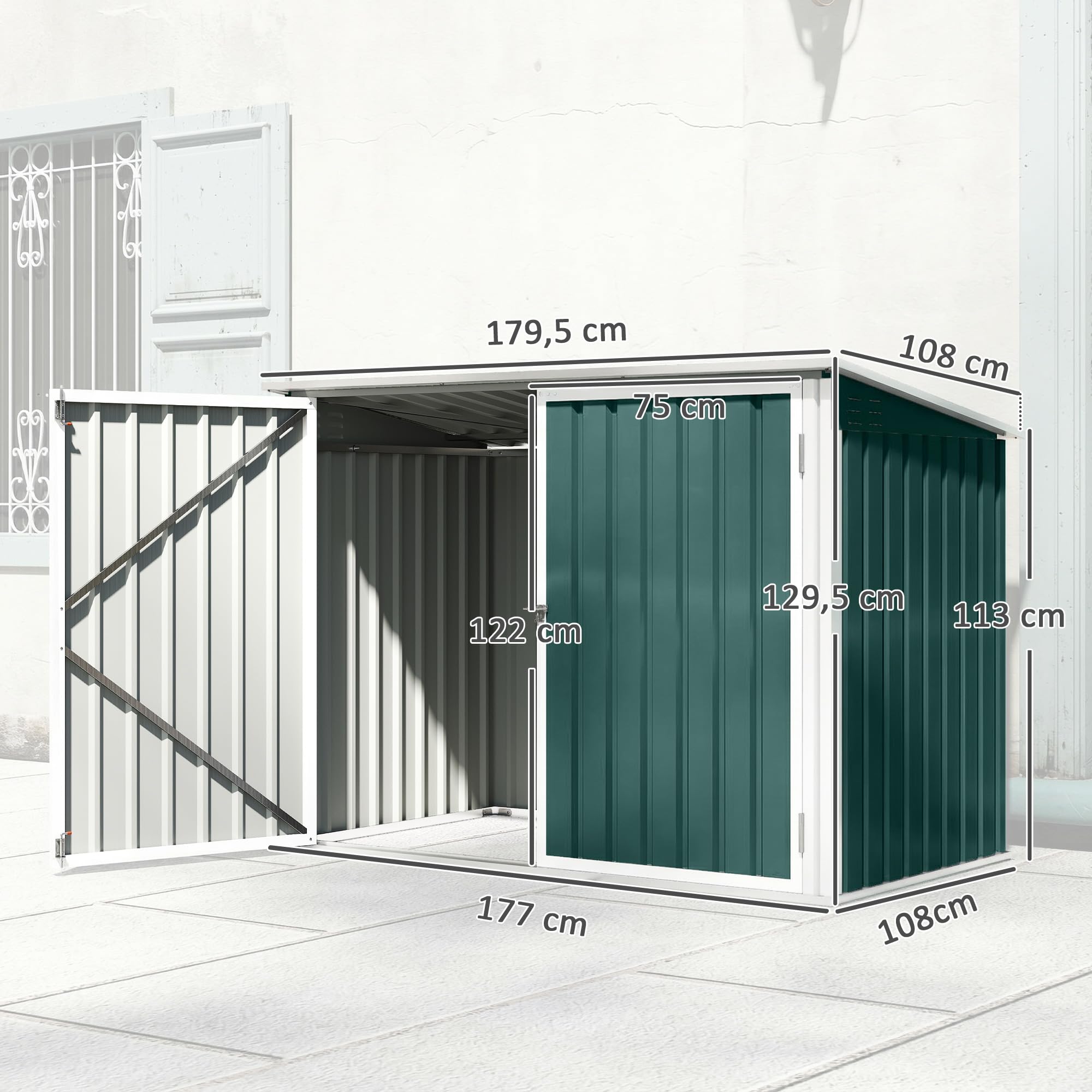 Outsunny Cache Poubelle Double Acier Galvanisé pour 2 Poubelles de 240L - Abri de Jardin avec Couvercle Lié par Chaînes, Vérins à Gaz et Portes Verrouillables - Coffre de Jardin 179,5x108x129,5cm Vert