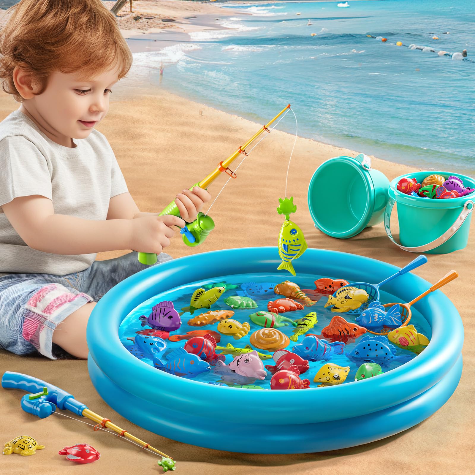JUKUDAHU Magnet Fishing Toys Game for Kids 3-5 - Floating Fish Toys with Inflatable Kiddie Pool, Bath Toys for Toddlers, Pole Rod Net, Outdoor Party Toys for Boys Girls Kids Age 3 4 5 6 7 8 Year Old