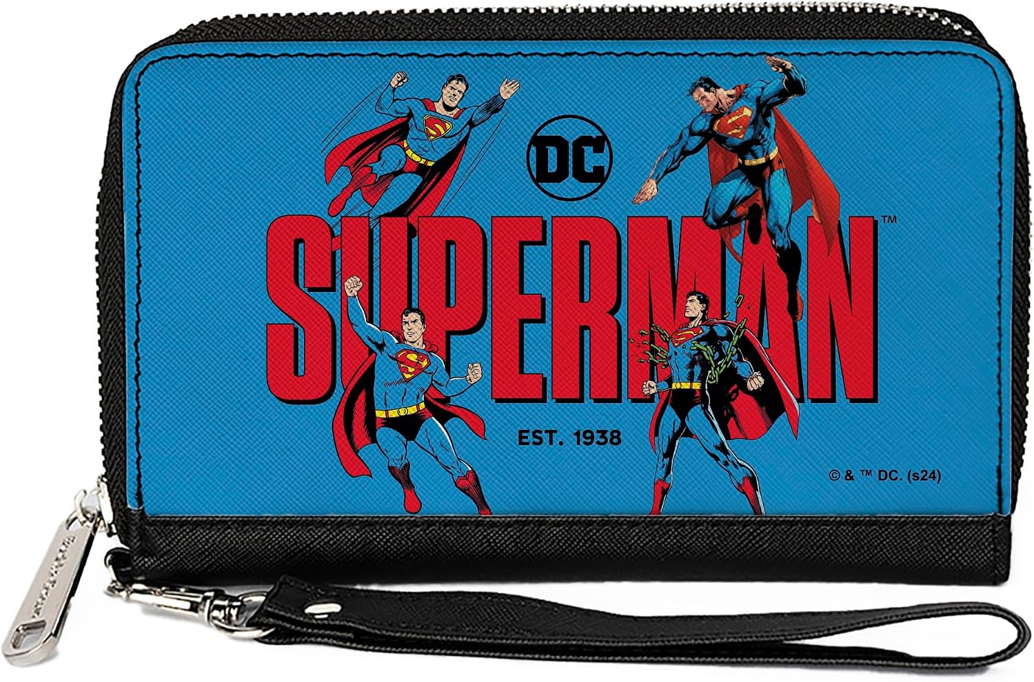 Buckle-Down DC Comics Wallet, Zip Around, Superman Est 1938 Action Poses and Text Blue Red, Vegan Leather