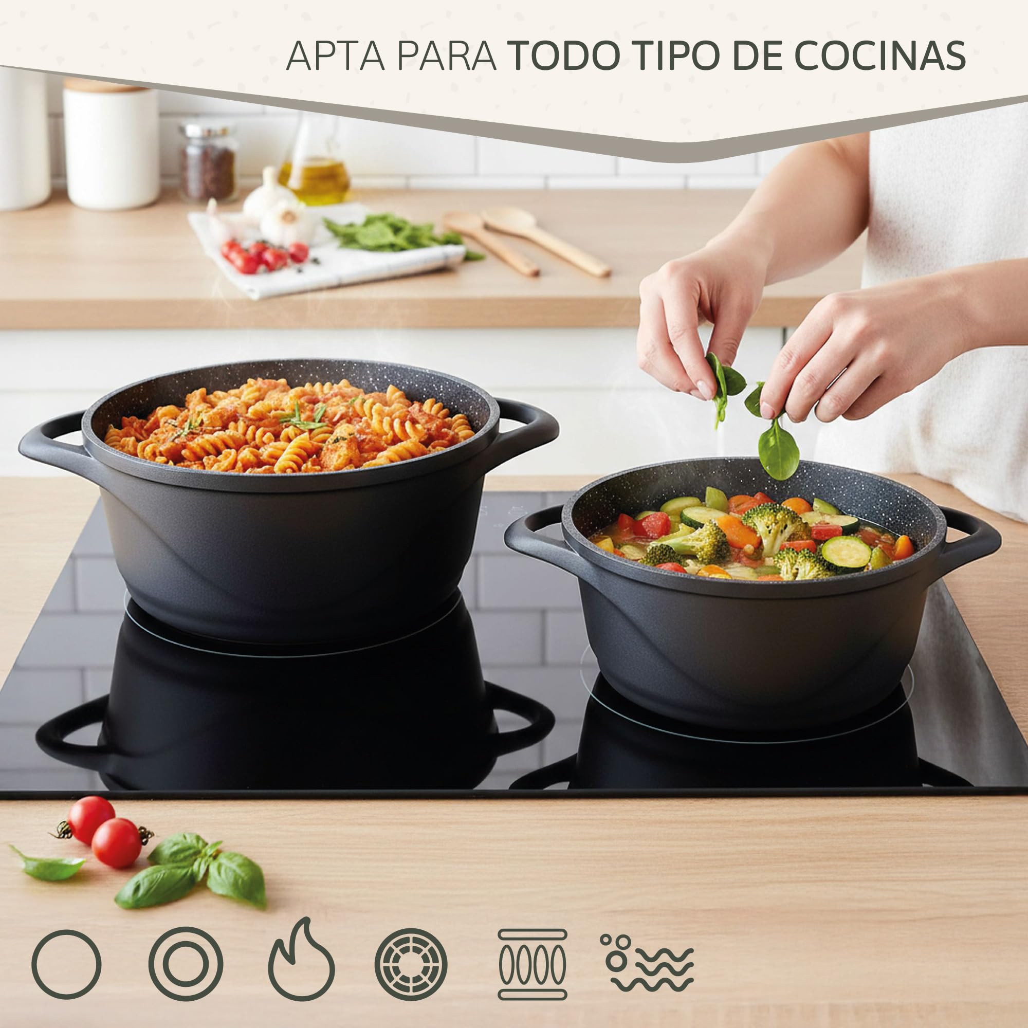 briebe Batería Cocina Inducción 8 Piezas, Juego 4 Ollas Aluminio Fundido, Antiadherente ILAG GRANITEC sin PFOA, Set Cazuelas Tapas Cristal, Guantes Silicona, Vitrocerámica, Gas, Horno, MGK-17S