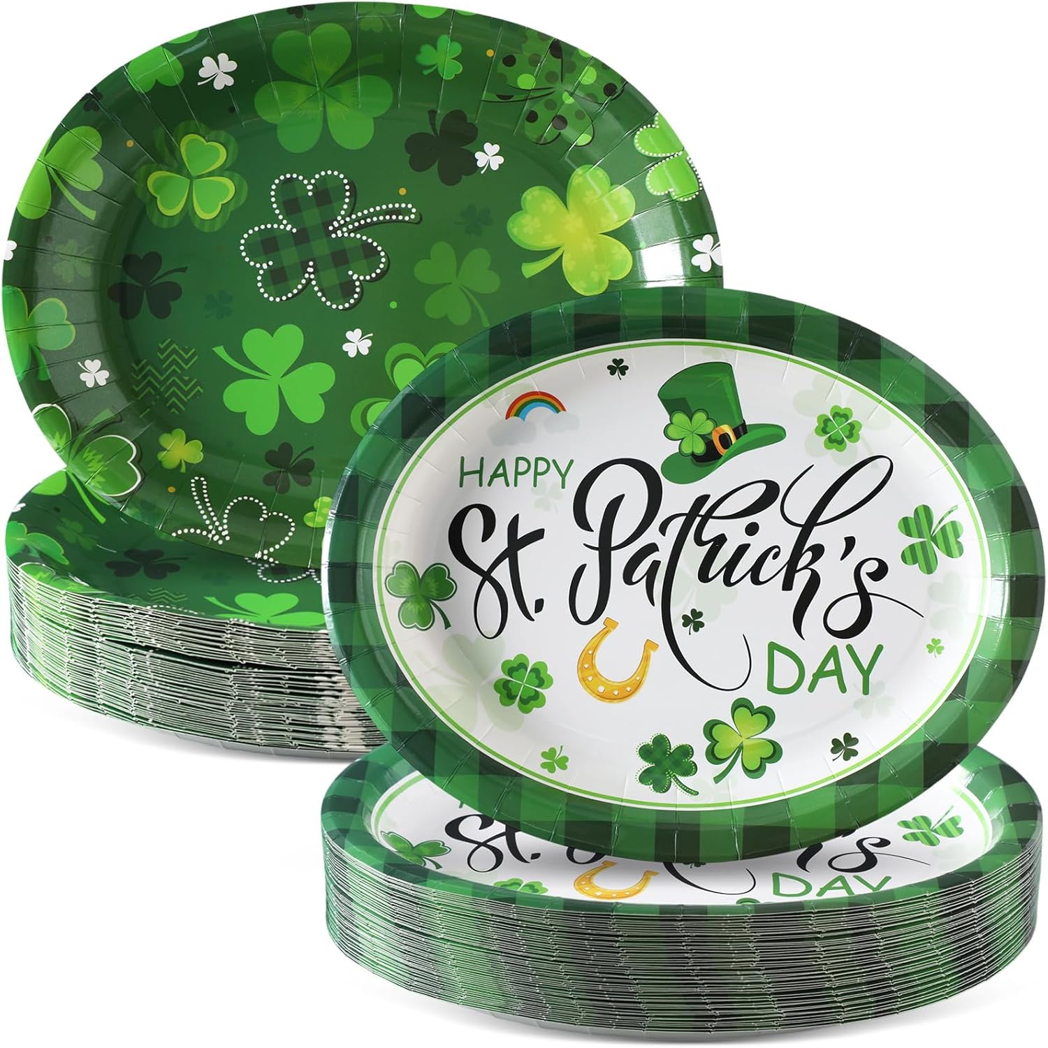 Hushee 100 Pcs St Patricks Day Plates 11 Inch Disposable Paper Large Green Oval Plates for Irish Party Decorations Supplies