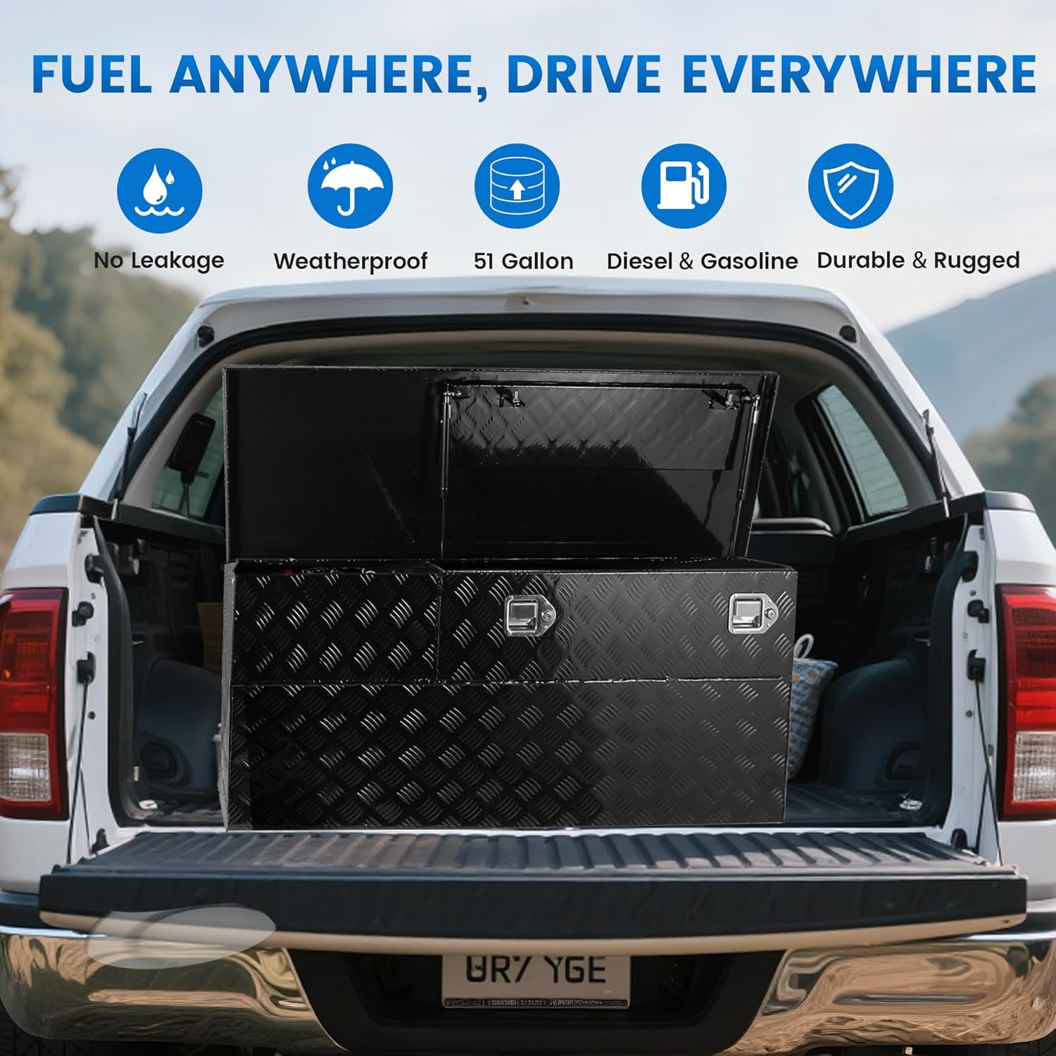 51 Gallon Aluminum Fuel Transfer Tank Toolbox Combo with 12 GPM 12V DC Pump, Truck Bed Gas Tank for Gasoline Diesel Kerosene, 13Ft Hose, Auto Nozzle, Black