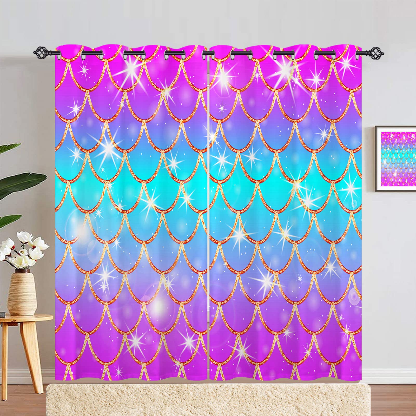 ANHOPE Mermaid Scale Curtains Eyelet 80% Blackout Curtains with Colorful Fish Scale Print Pattern Thermal Soundproof Decorative Window Drapes for Kids Girls Bedroom Door 46 x 84 Inch 2 Panels