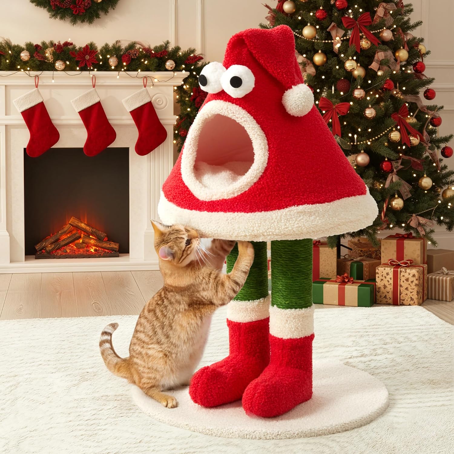 Christmas Cat Tree Tower for All Cats – Santa Hat Design with Scratching Posts & Cozy Cat Bed, Small to Large Cat Tower, Red