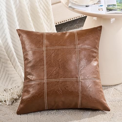 Miniatura 2 de Fancy Homi Paquete de 2 fundas de almohada decorativas de piel sintética cosidas a mano de 20 x 20 pulgadas para sala de estar, sofá cama, funda de