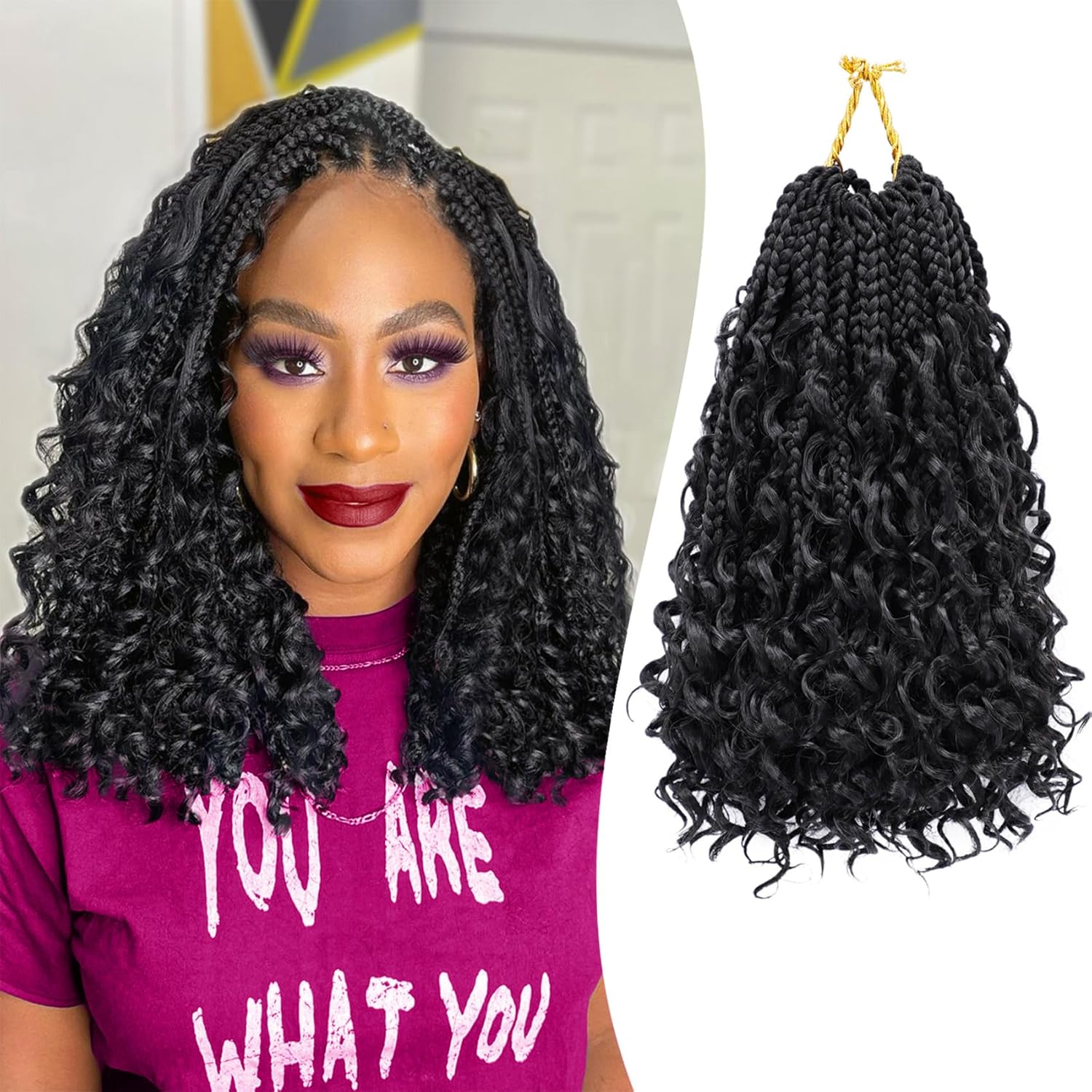 8 Packs Goddess Box Braids 10 Inch Pre-looped Bohemian Crochet Boho Box Braids With Curly Ends 3X Crochet Braids Hair for Women Synthetic Braiding Hair 16 Strands (#1B) 10 Inch(packs of 8) 1B