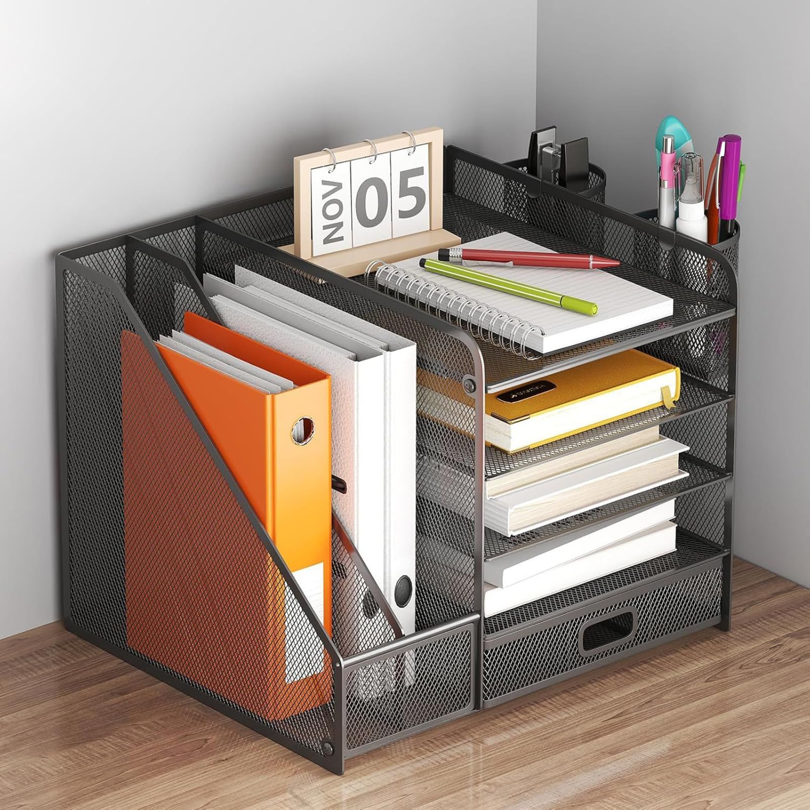 Organizzatore Scrivania Cassetto in Rete Portadocumenti Metallico da Tavolo | Contenitore Antiscivolo per Penne, Documenti e